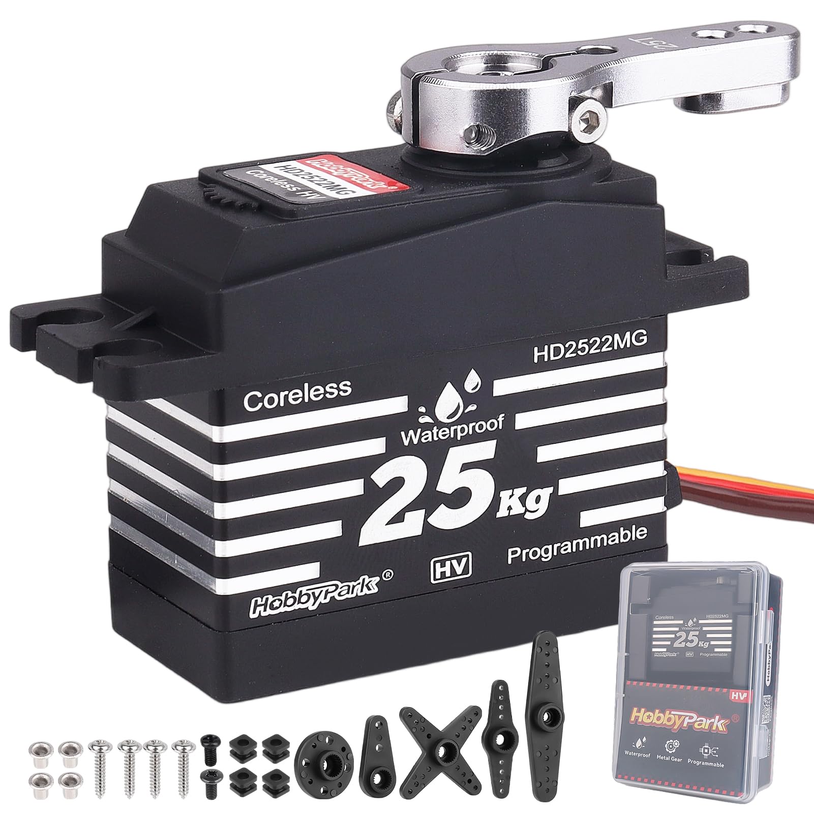 HobbyPark Waterproof RC Servo 25KG High Torque Metal Gear Digital Servo for 1/12 1/10 RC Car Truck Buggy Programmable 2BB Control Angle 180° HV (Coreless Motor)