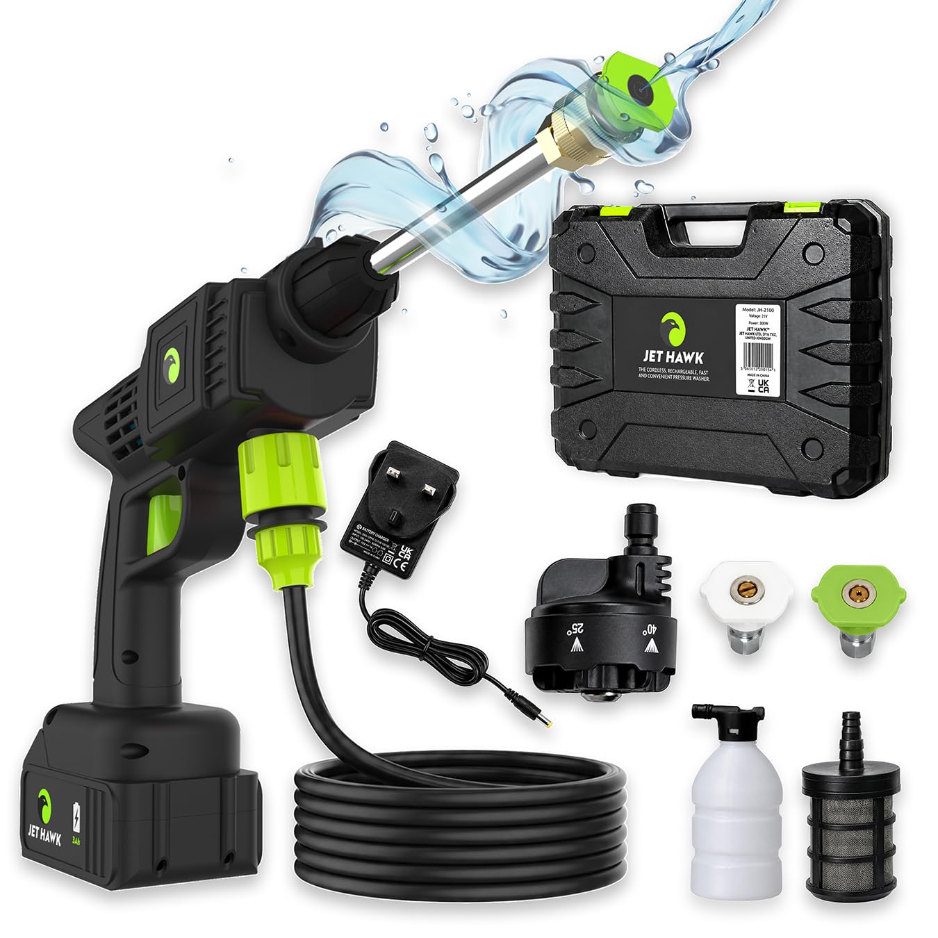 Jet Hawk – Portable Cordless High-Pressure Washer in Green Colourway - Use Any Water Source – 6 in 1 - Inc Spray Nozzles, 5m Hose, Hose Connector, Free Soap Dispenser Bottle & Hard Carry Case