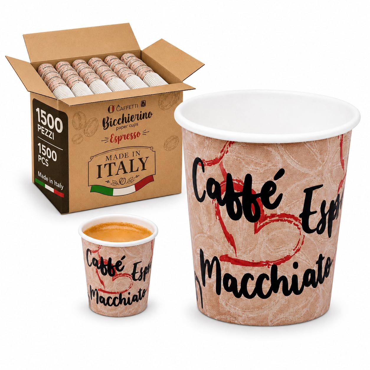 Caffetti 1500 Bicchierini Caffè Carta 90 ml Made in Italy, 30 Stecche da 50 Bicchieri Monouso per Espresso, Tazzine Usa e Getta per Bar, B&B, Ufficio, Asporto, Bevande Calde, Tema Cuore