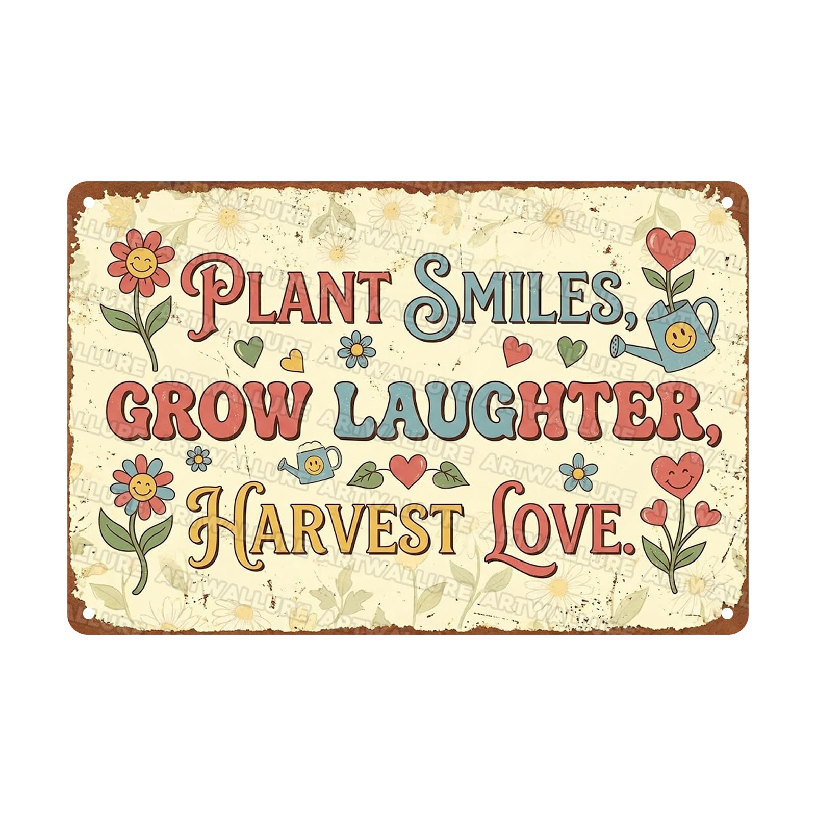 Garden Metal Tin Sign Retro Plant Smiles Grow Laughter Harvest Love Hippie Boho Floral Wall Decor Inspirational Quote Art for Family Sunroom Greenhouse Nursery Backyard Decor 8x12Inch