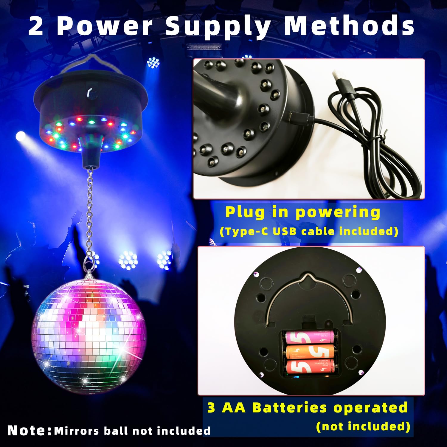 Moteur à bille miroir avec télécommande, rotation réglable de 5 à 10 tr/min avec 23 LED RVBB rotateur avec mode multi-lumière et contrôle du son pour boule miroir de 15,2 à 30,5