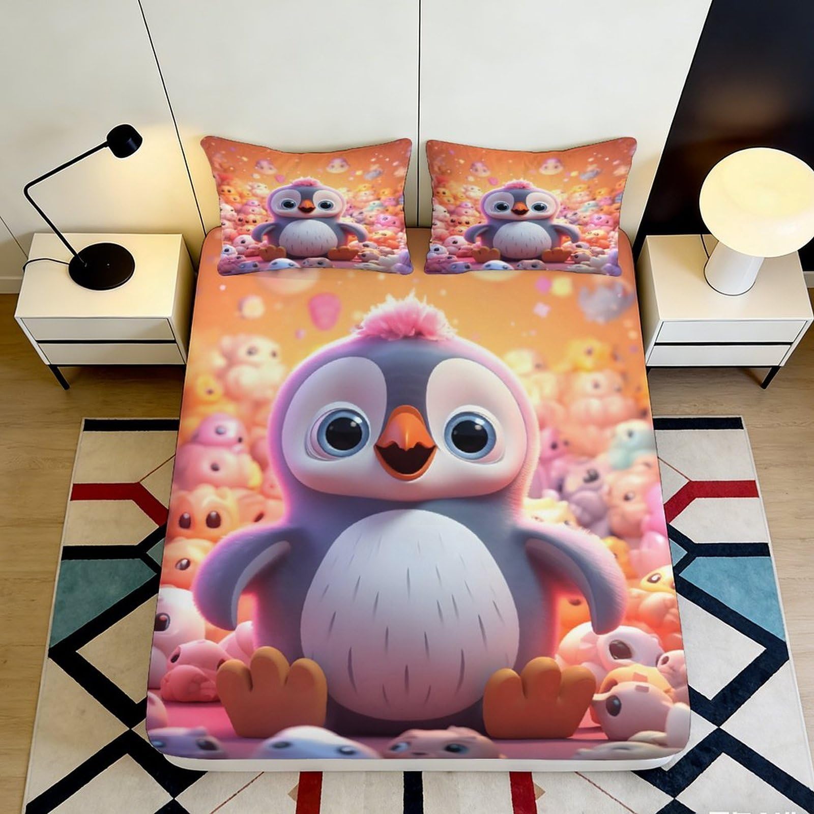 Uxinyoume Style-7 3D Printed Cute Penguin Fitted Sheet Microfiber Soft Anti-Slip Cartoon Animal Mattress Cover For Bedroom Dorm Decor 90X200x25cm
