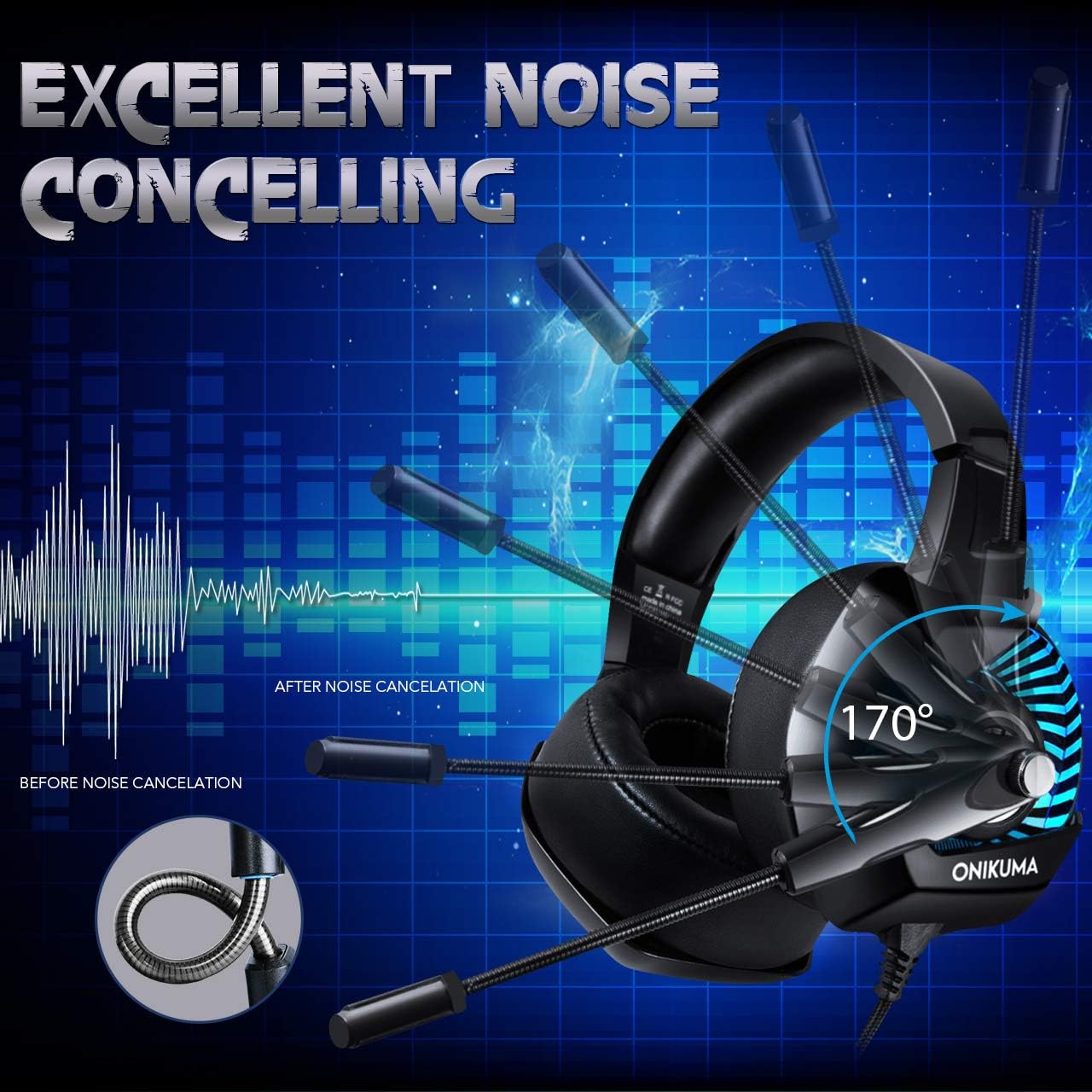 Combatwing Gaming Headset with Microphone for Playstation 5, Double Head Beam Suspended Soft Soft Memory Earmuffs, 7.1 Surround Sound Wired Headset LED Light for PS5, PC, PS4, iMac, Laptop