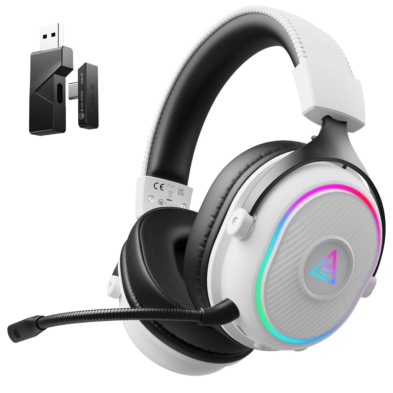 EKSA Casque Gaming sans Fil, 2,4 GHz Casque Gamer pour PS5/PS4/PC/Switch/Mac, Casque Bluetooth 5.3 avec Microphone, Latence de 30MS, Durée D'utilisation Maximale 80H, RVB, USB&USB-C,Blanc