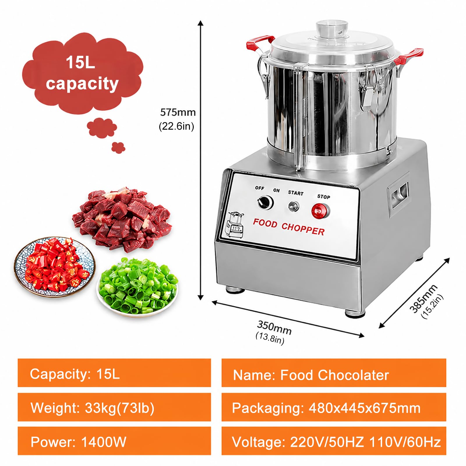 Tritatutto Elettrico Professionale in Acciaio Inox 15L | Macchina per Preparazione Alimentare, Robot Multifunzione per Carne, Verdure, Spezie & Salse