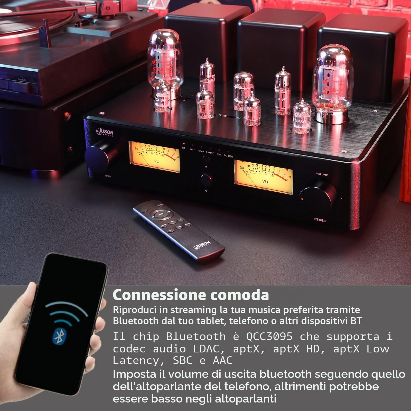 Juson Audio FTA88-N KT88 Amplificatore per tubo valvola, classe A, amplificatore a vuoto HiFi con BT 5.4 Mosfet, telecomando a doppia modalità, aptX-HD (FTA88 2025)