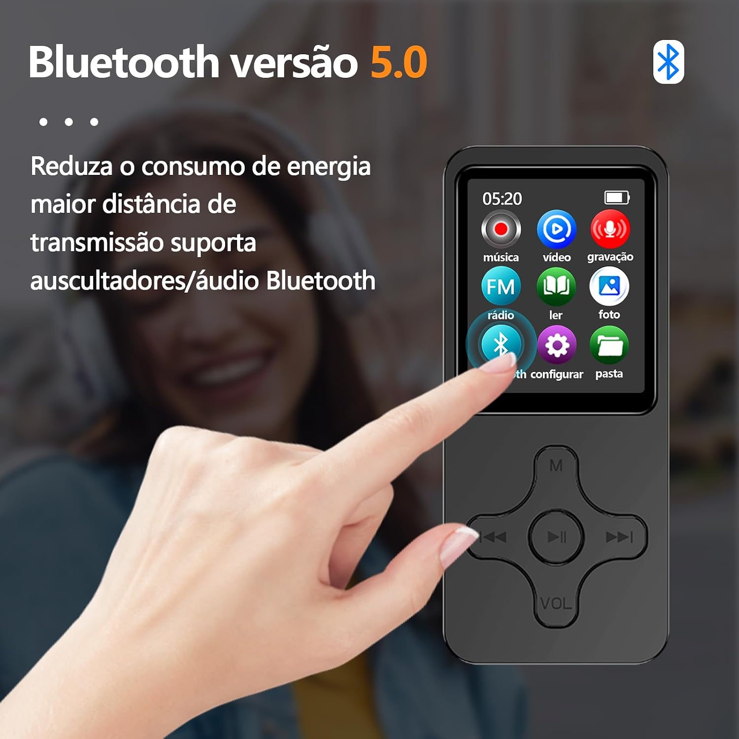 MP3 MP4 Player with Bluetooth 5.0 feature highlighted