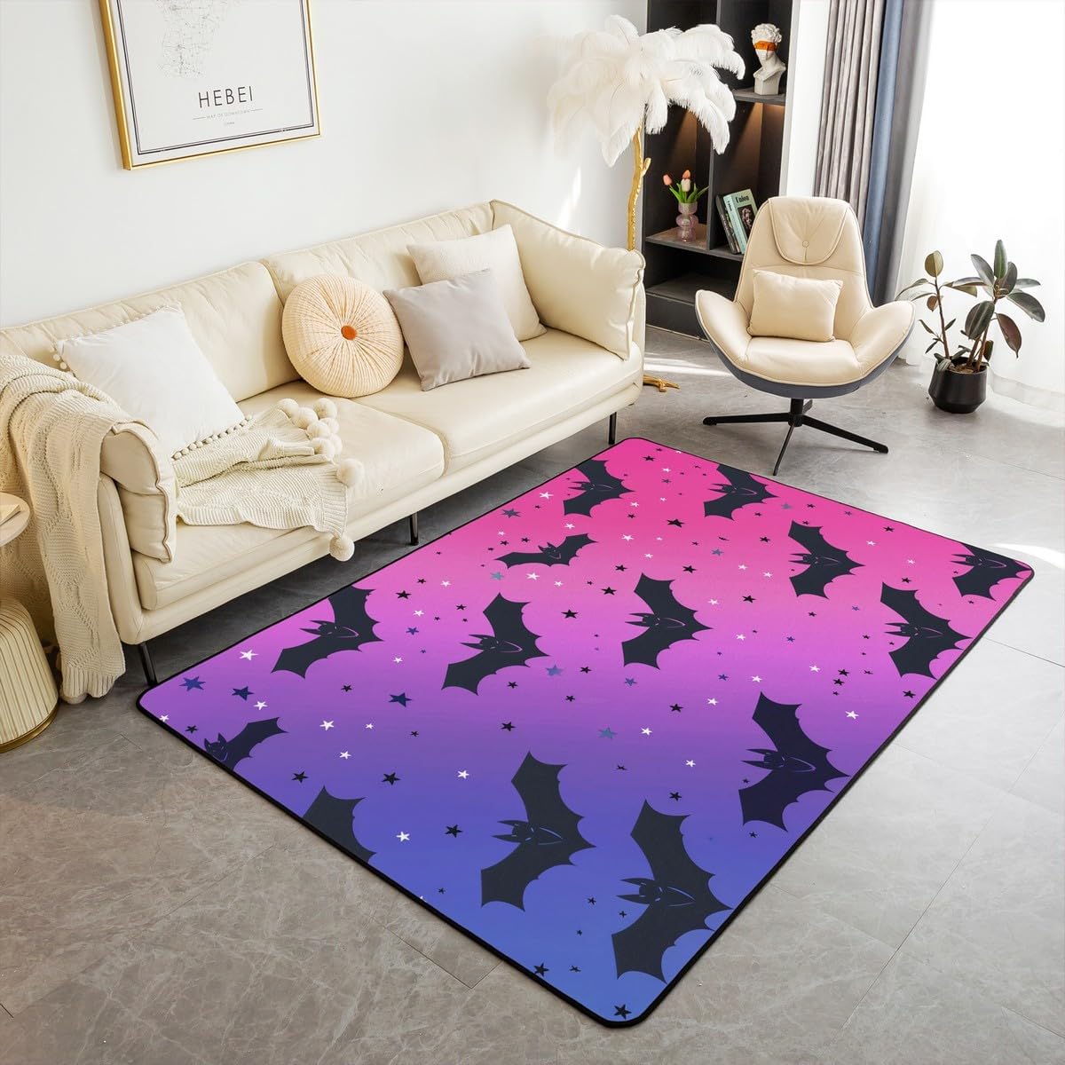 Erosebridal Halloween Area Rug 3x5, Bats Galaxy Gradient Kids Teens Rectangular Carpet for Living Room Bedroom, Festival Rainbow Printed Non Slip Indoor Floor Mat, Purple Pink Animals Decorative Rug