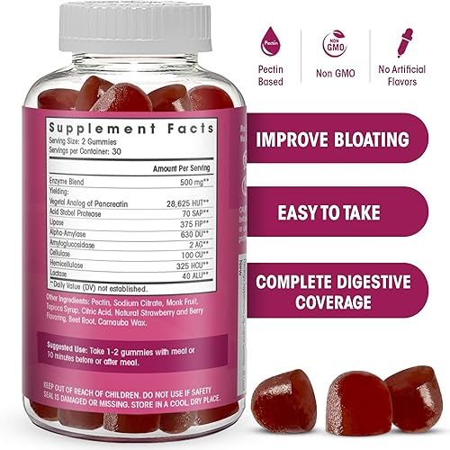 Miniatura 2 de Gomitas masticables de enzimas digestivas ayuda a la intolerancia alimentaria, hinchazón y digerir lácteos, carbohidratos, verduras, proteínas,