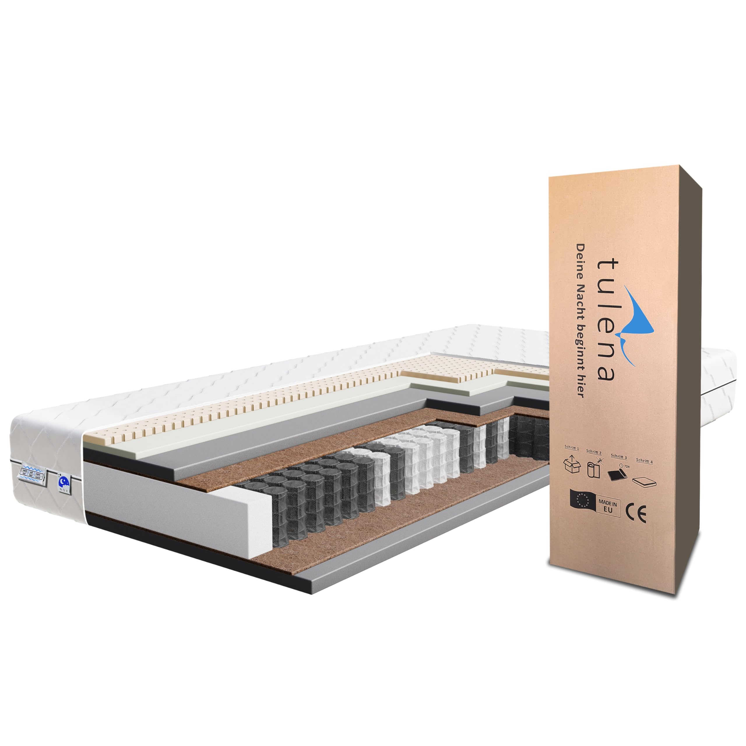 TULENA NOX Matelas 100 x 190 cm avec Mousse à mémoire de Forme et Latex| Matelas à Ressorts Ensachés | Fermeté H4 + H5 Confort Plus 25 cm d'Épaisseur | Enroulable réversible