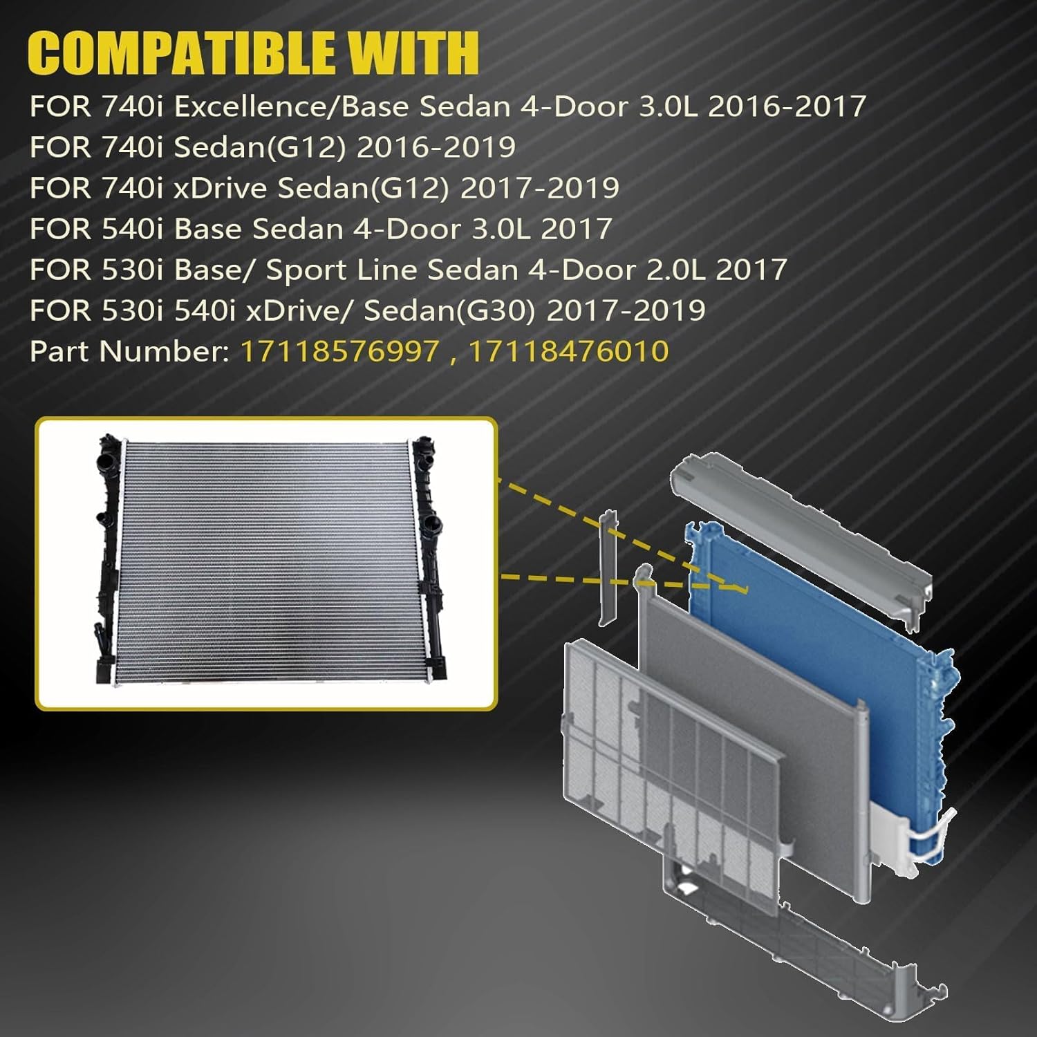 SecosAutoparts Radiator Left Side, Fit for BMW 530i 540i Base Sport Line xDrive 2017, 740i Excellence Base Sedan 2016-2017, xDrive Sedan(G12) 2017-2019, Replace# 17118576997 17118476010 BM3010183