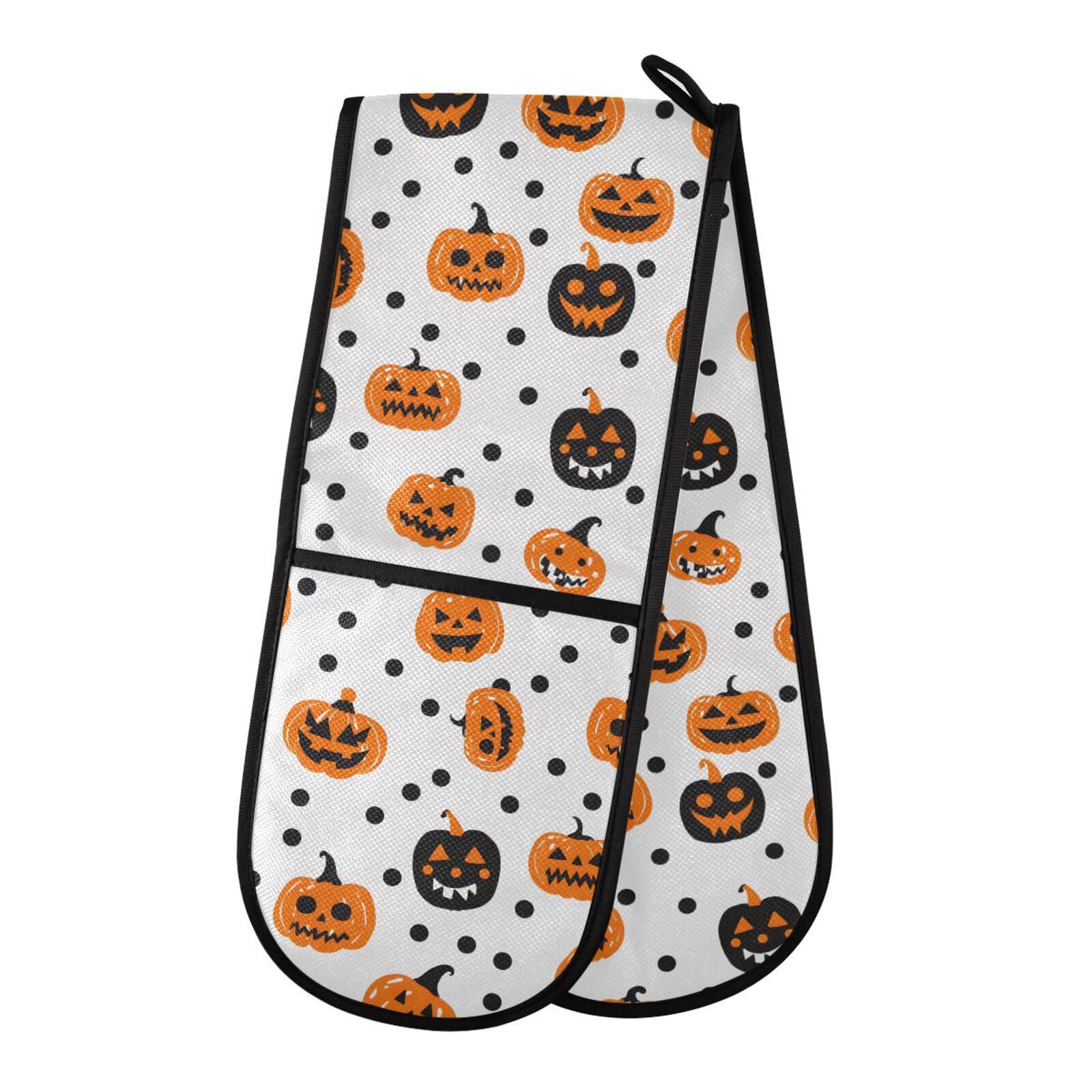 Double Oven Gloves Halloween Pumpkins Dots Pattern Heat Resistant Pot Holder Oven Mitt Gloves for BBQ Cooking Baking Grilling Microwave