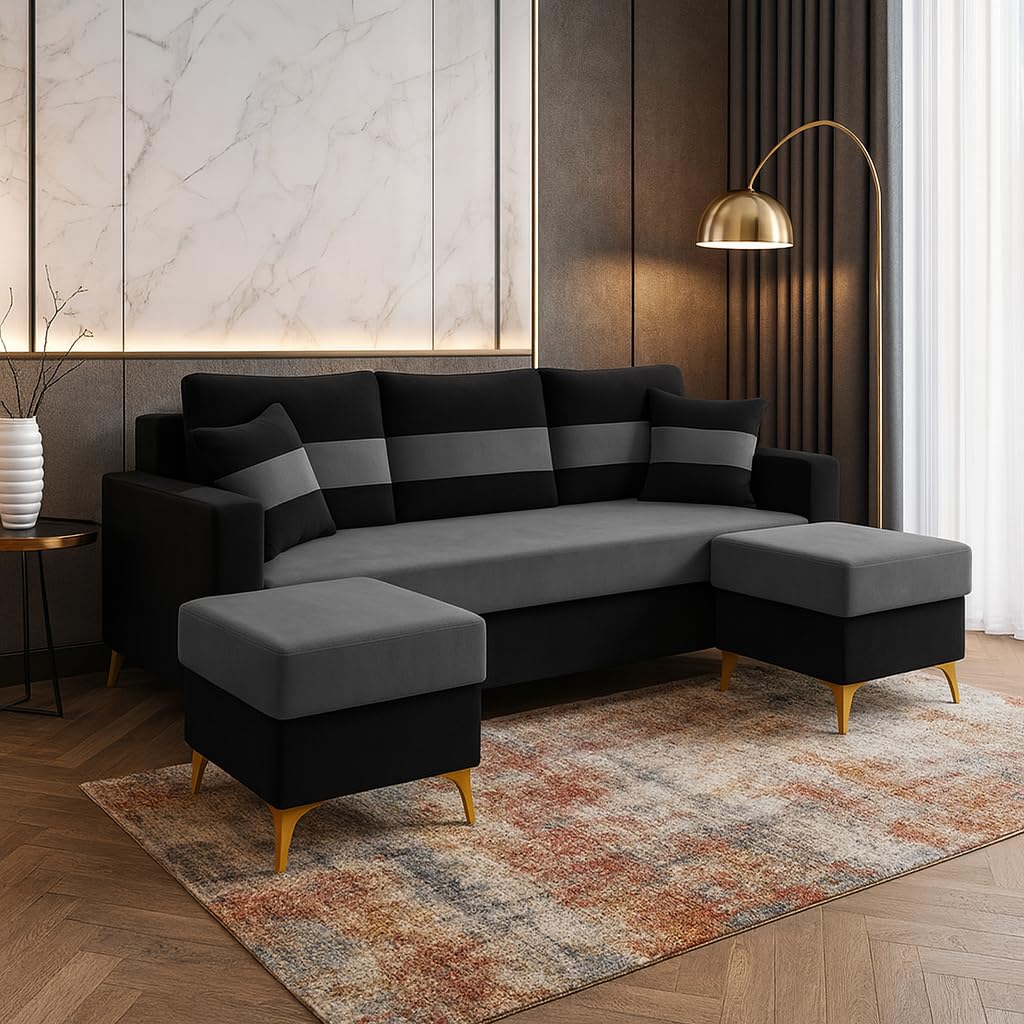 Bastian 3 Seater Modular Sofa Set with 2 Ottoman | Soft Velvet Suede Fabric | Modern Design Sofas for Home | Plush Comfort Cushions for Living Room (Black-Light Grey) Bastian 3 Seater Modular Sofa Set with 2 Ottoman | Soft Velvet Suede Fabric | Modern Design Sofas for Home | Plush Comfort Cushions for Living Room (Black-Light Grey)