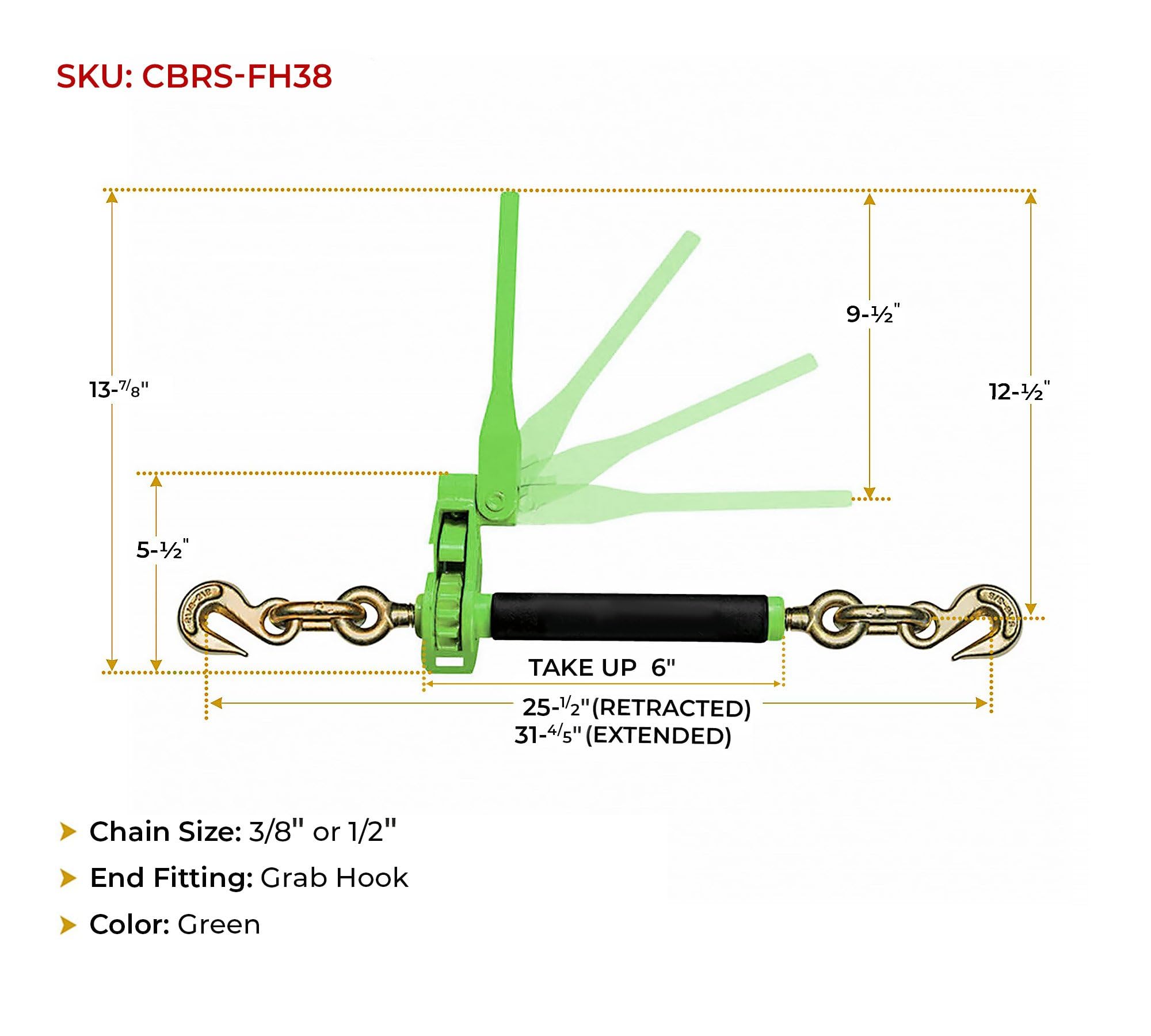 4-Pack Heavy Duty Ratchet Load Chain Binders – 3/8-1/2 Grab Hook & 1/2 Slip Hook (12,000 Lb WLL)
