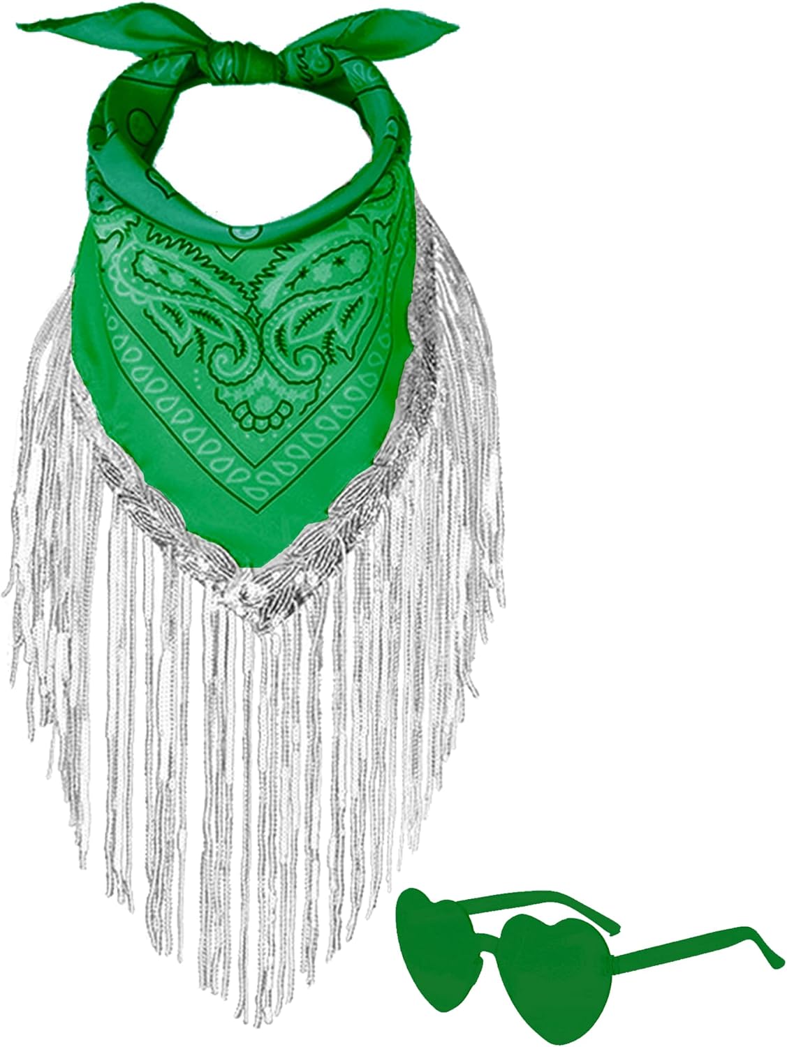Fringe Rhinestone Bandana with Heart Sunglasses, Disco Cowgirl Bachelorette (Green)