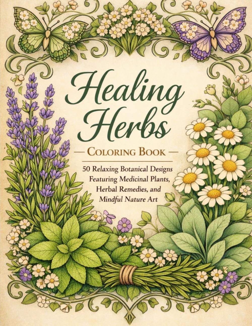 Healing Herbs Coloring Book: 50 Relaxing Botanical Designs Featuring Medicinal Plants, Herbal Remedies, and Mindful Nature Art