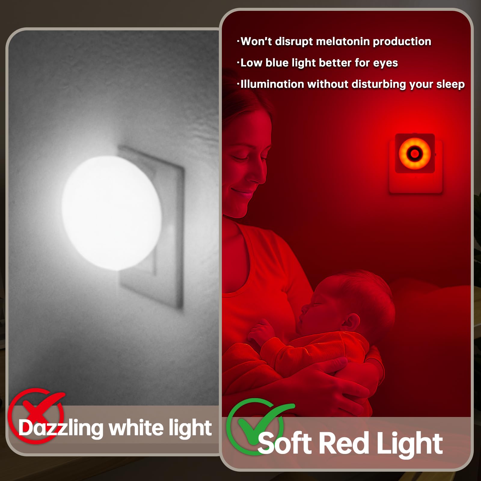 LED Luz con Sensor de Movimiento, 2pcs Luce Notturna Bambini da Presa, Modo Sensor o Siempre Encendida, Brillo Regulable, Certificación CE, Ideal para Dormitorio, Sala de Estar y Baño (Rojo)