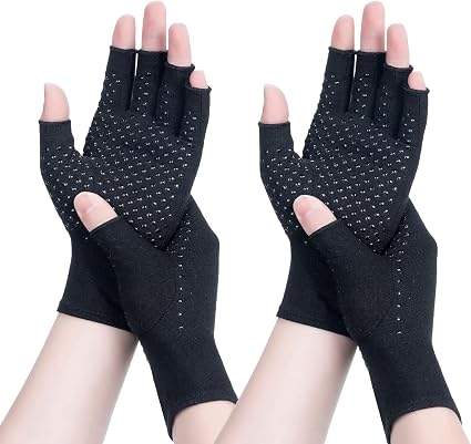 2 Pairs Arthritis Compression Gloves For Pain Relief - Fingerless Hand Gloves For Women & Men (Grey1+Pure Black1, Medium)