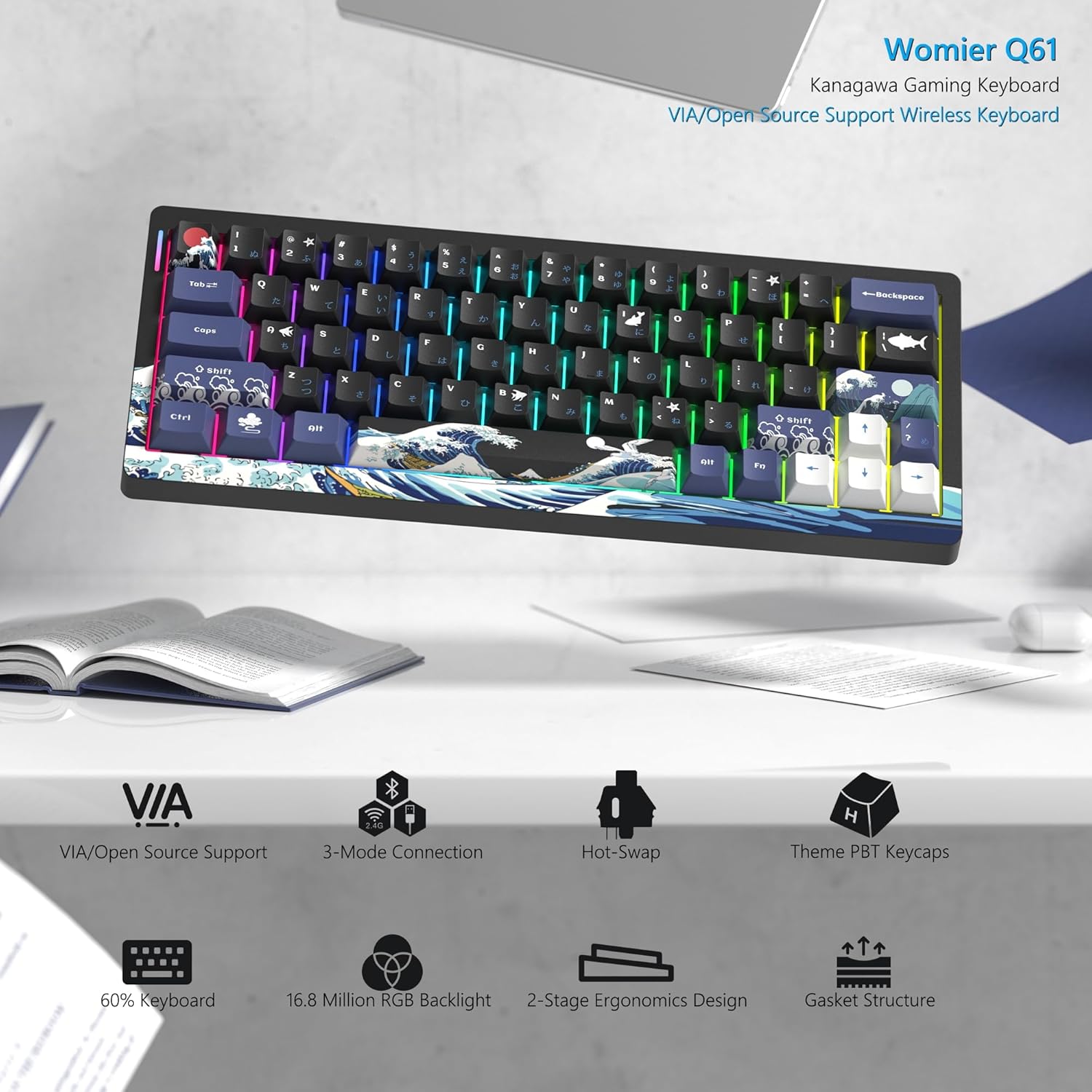 Womier Wireless Gaming Keyboard 60 Percent with QMK/VIA, Topographic Creamy Mechanical Key Board, RGB Custom Gasket Hot Swappable for Windows & Mac-POM Linear Switch (Q61)