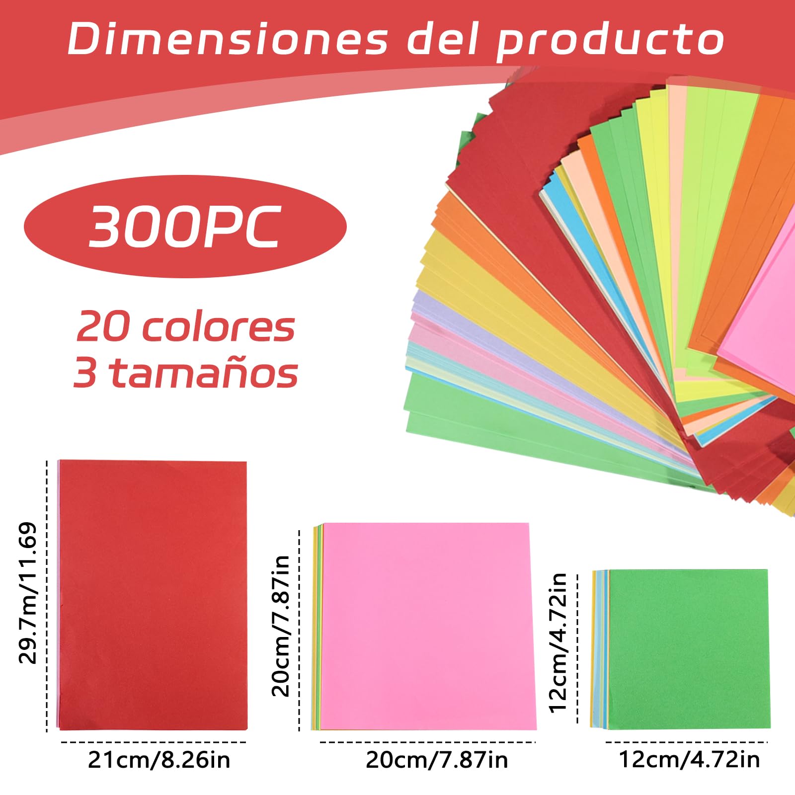 Papel Origami 300 Hojas 20 Colores A4 21x29.7 cm Set Manualidades