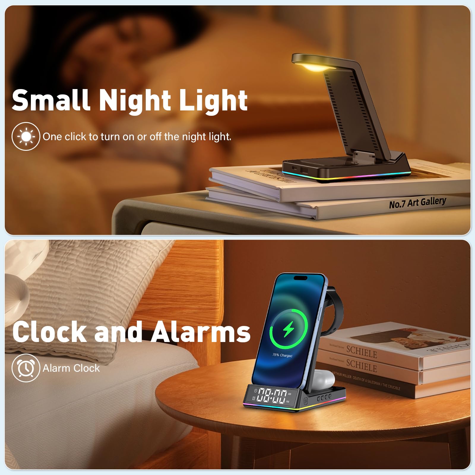 Stacja ładująca 5 w 1 Apple Watch i iPhone, bezprzewodowa ładowarka indukcyjna iPhone z zegarem wyświetlaczem LED, lampka nocna RGB, stacja ładująca do słuchawek AirPods, biurko, do sypialni