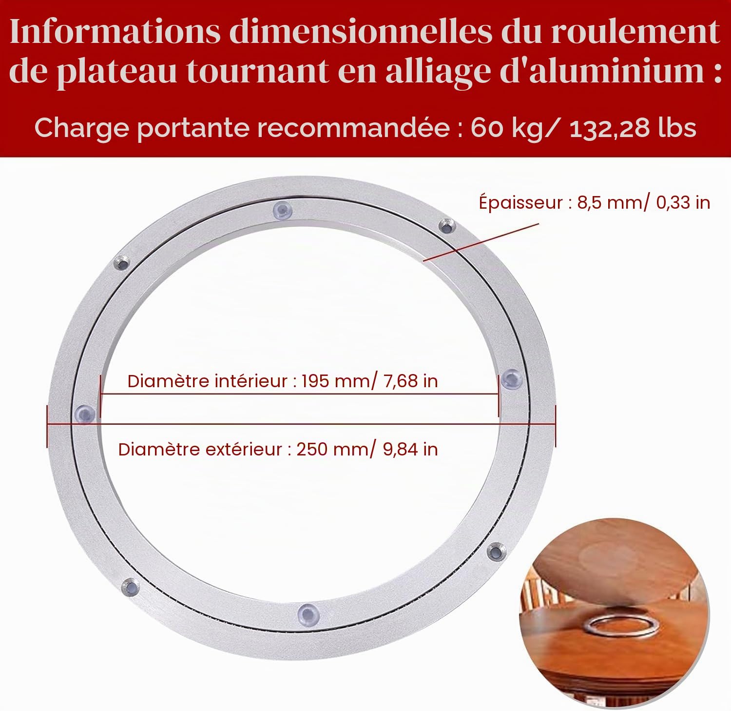 Plateau tournant en alliage d'aluminium lisse 25 cm pour meubles, support rotatif pour gâteau, platine pivotante pour écran ou décoration, patin rotative pour cuisine ou kaleidosco