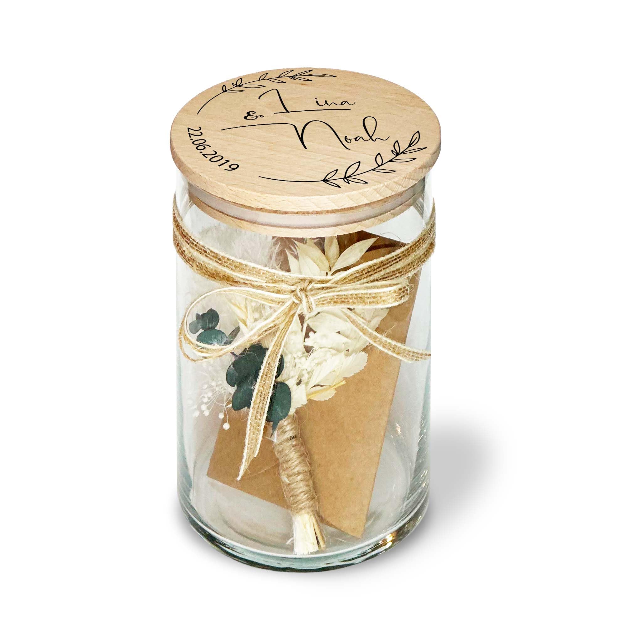 Personalisiertes Geschenk Glas mit Namen und Datum als Hochzeitsgeschenk Geldgeschenk optional mit Karte und Trockenblumen Vorratsglas (Typ 2)