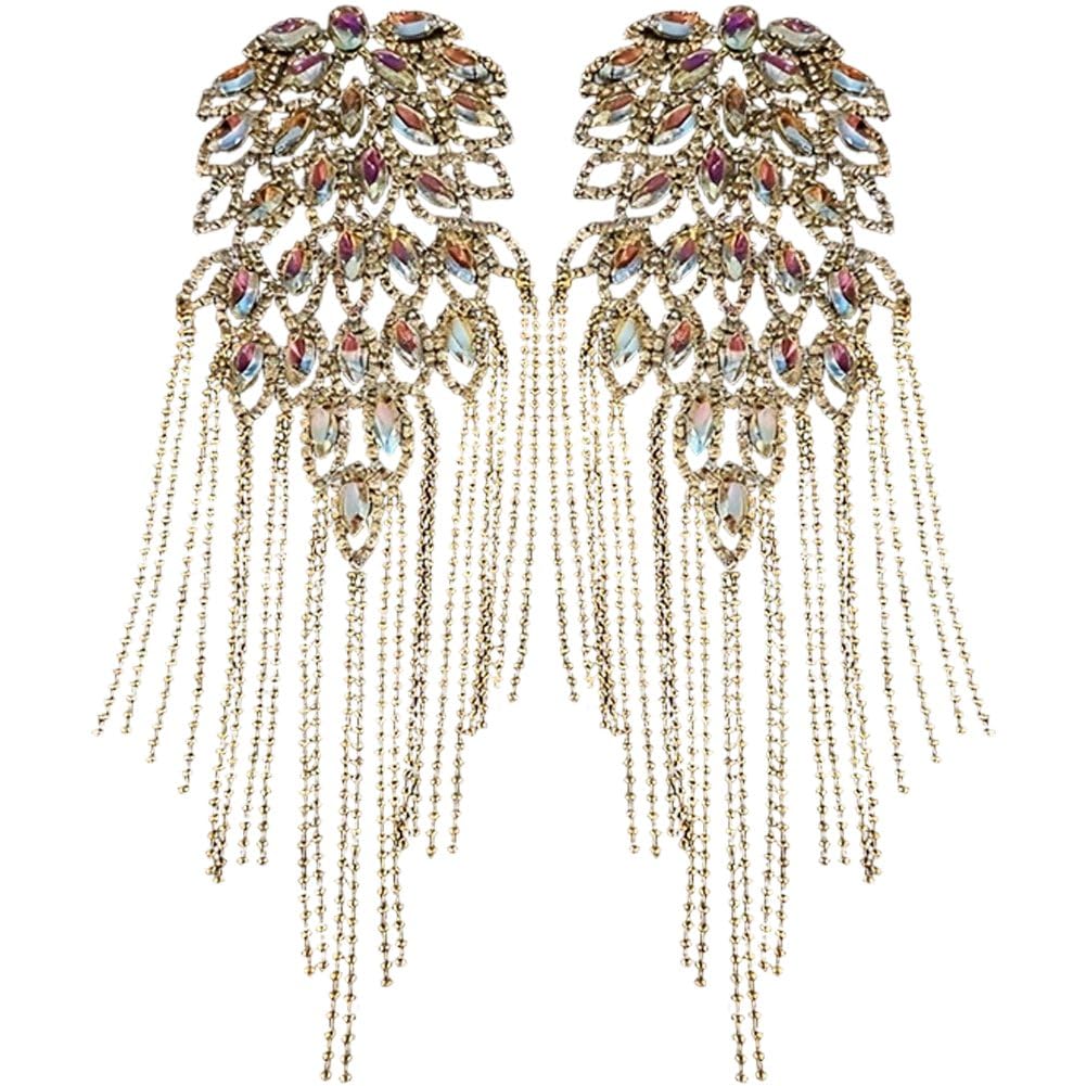 Sslvya Rhinestone Tassel Shoulder Epaulets Long Chain Fringe Blazer Shoulder Badge Uniform Epaulette Brooch Pin for Men and Women