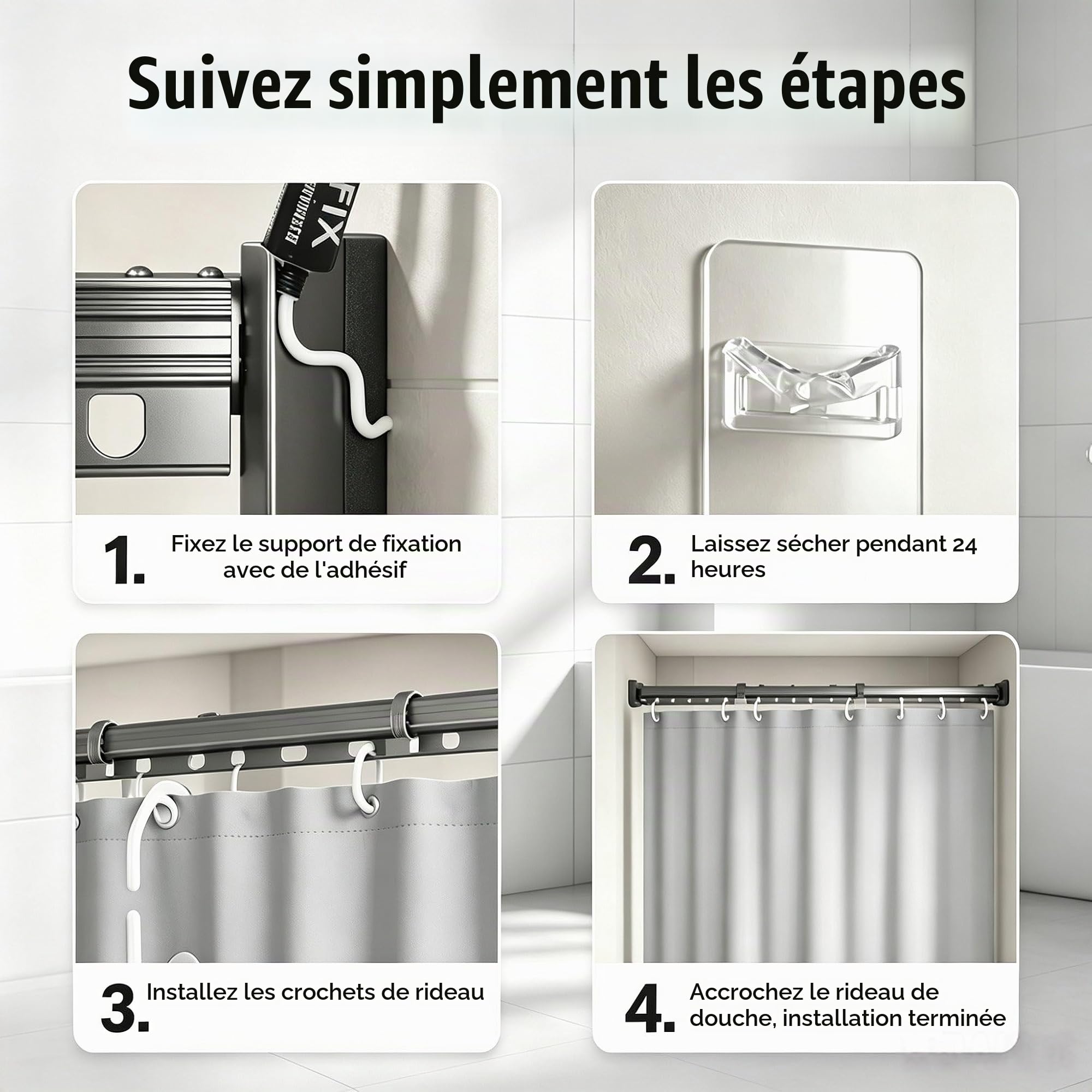Tringle À Rideau de Douche Pliante avec Ventouse, Tringle À Rideau D'angle pour Montage Mural, Tringle À Rideau de Douche À Angle Réglable,Déformable Sans Perçage(3-fold 70