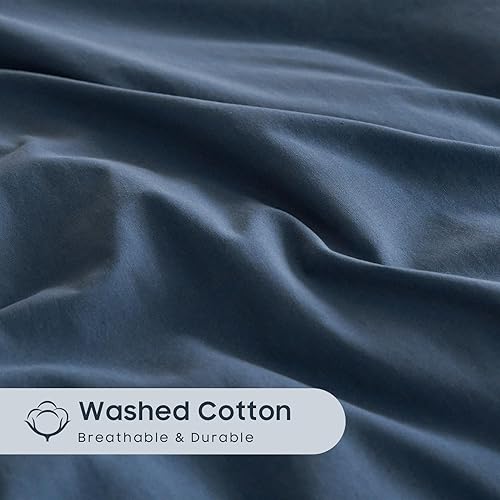 Miniatura 6 de Wake In Cloud - Juego de funda de edredón de algodón, tamaño Queen, azul marino oscuro, 100% algodón lavado, textura similar al lino, percal