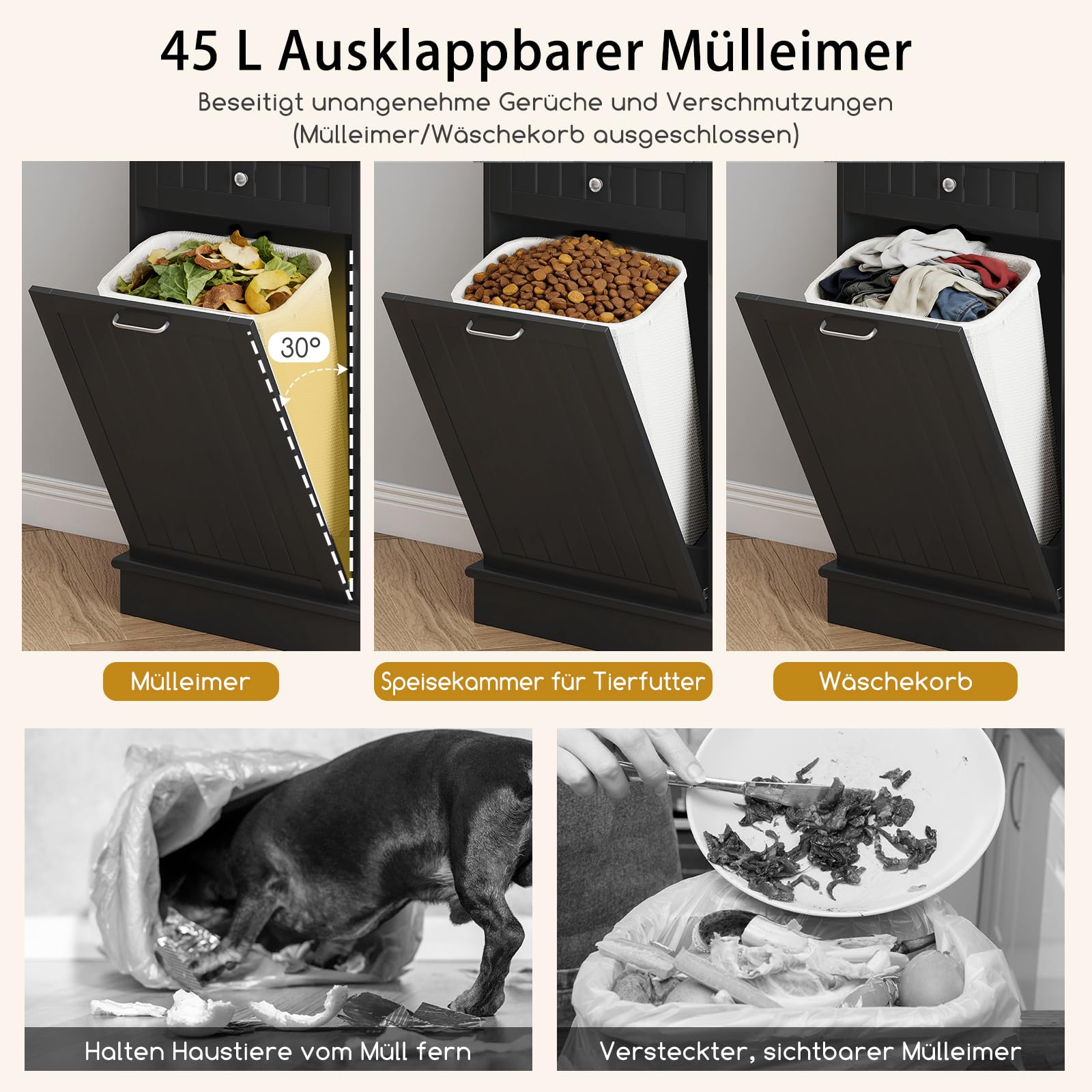 COSTWAY Küchenschrank, für 45 L Mülleimer, Buffetschrank mit Arbeitsplatte & 2 Schubladen & verstellbaren Einlegeböden, Hochschrank Küche für Mikrowelle, Kommode Holz, 100 x 34 x 172 cm (Schwarz)