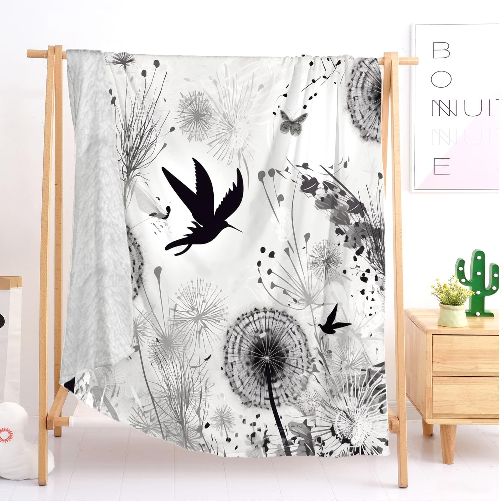 Kunst VöGel Dandelion, motyle, przytulny koc – szary, wełniany koc i koc polarowy, koc na sofę, miękki, ciepły, sztruksowy koc do pokoju, dekoracja mieszkania, przytulna narzuta XXL, 180 x 200 cm