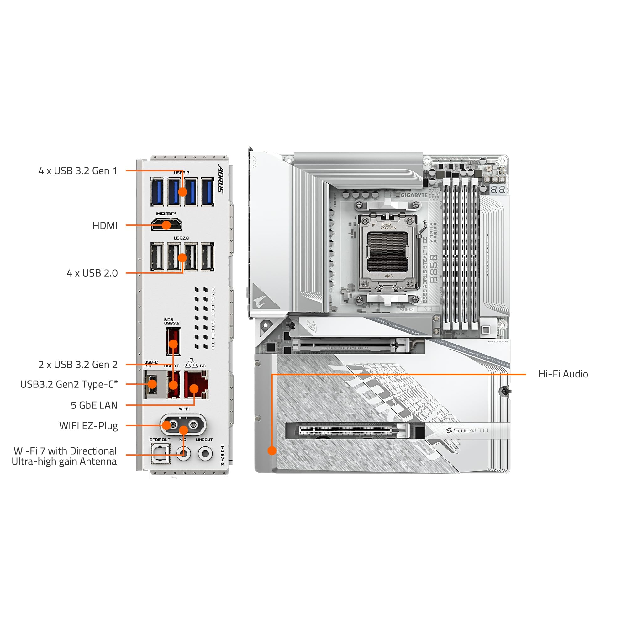 GIGABYTE Placa Base B850 AORUS Stealth Ice AMD AM5, ATX, DDR5, 4X M.2, PCIe 5.0, USB-C, WIFI7, LAN de 5 GbE, EZ-Latch,