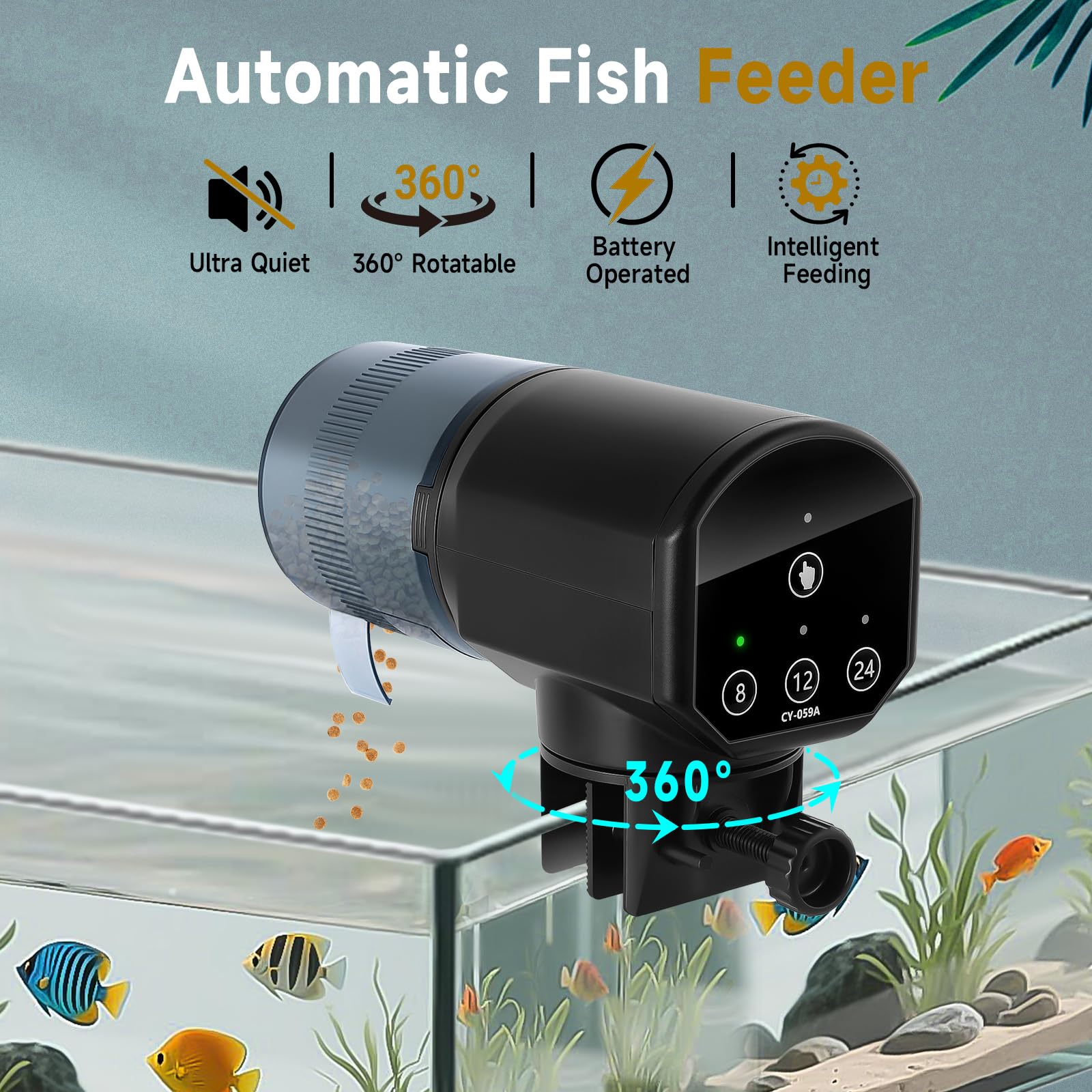 URAQT Automatico Distributore Cibo Pesci a Batteria, Mangiatoia Automatica Acquario, 200ML Mangiatoia Pesci, Con indicatore LED, con 2 batterie AAA e Anello per Alimentatore Pescis, Nero