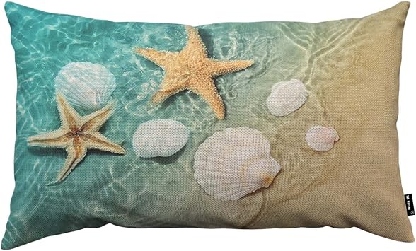 TKS MITLAN Starfish and Seashell Pillow Covers 12 x 20 Inch Summer Beach in Sea Water Decorative Throw Pillow Covers Linen Cushion Case for Sofa Couch