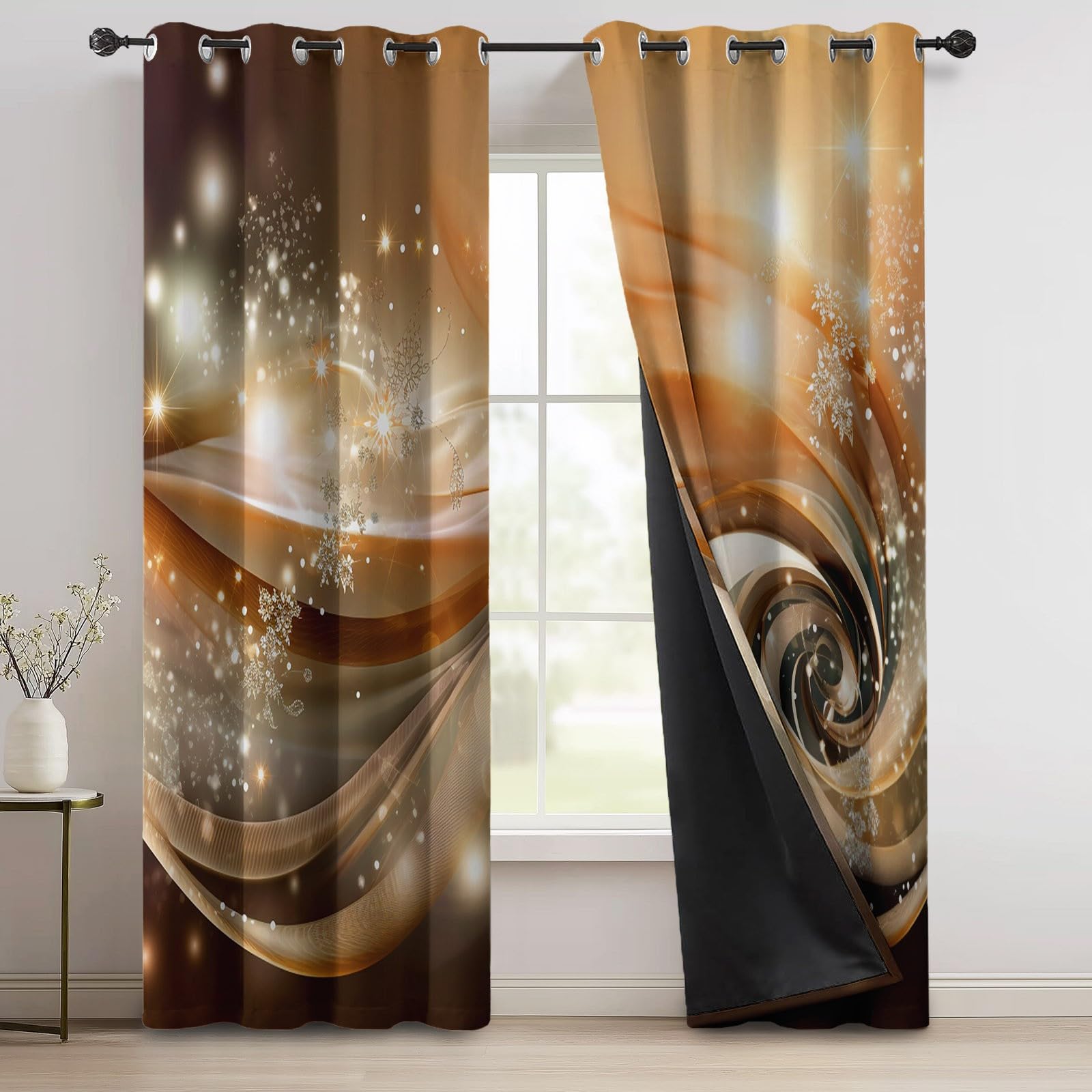 Cortina opaca térmica elegante abstracta líneas estrellas impresas para sala de estar, dormitorio, ventana, cocina, marrón, cortinas interiores con ojales, 117 x 183 cm (2 paneles)