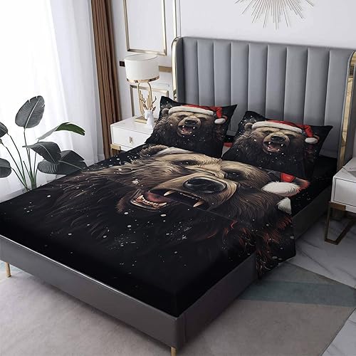 Juego de sábanas California King  Sábanas de oso de Navidad, sábanas y fundas de almohada, microfibra suave, bolsillo profundo y sin arrugas, 1