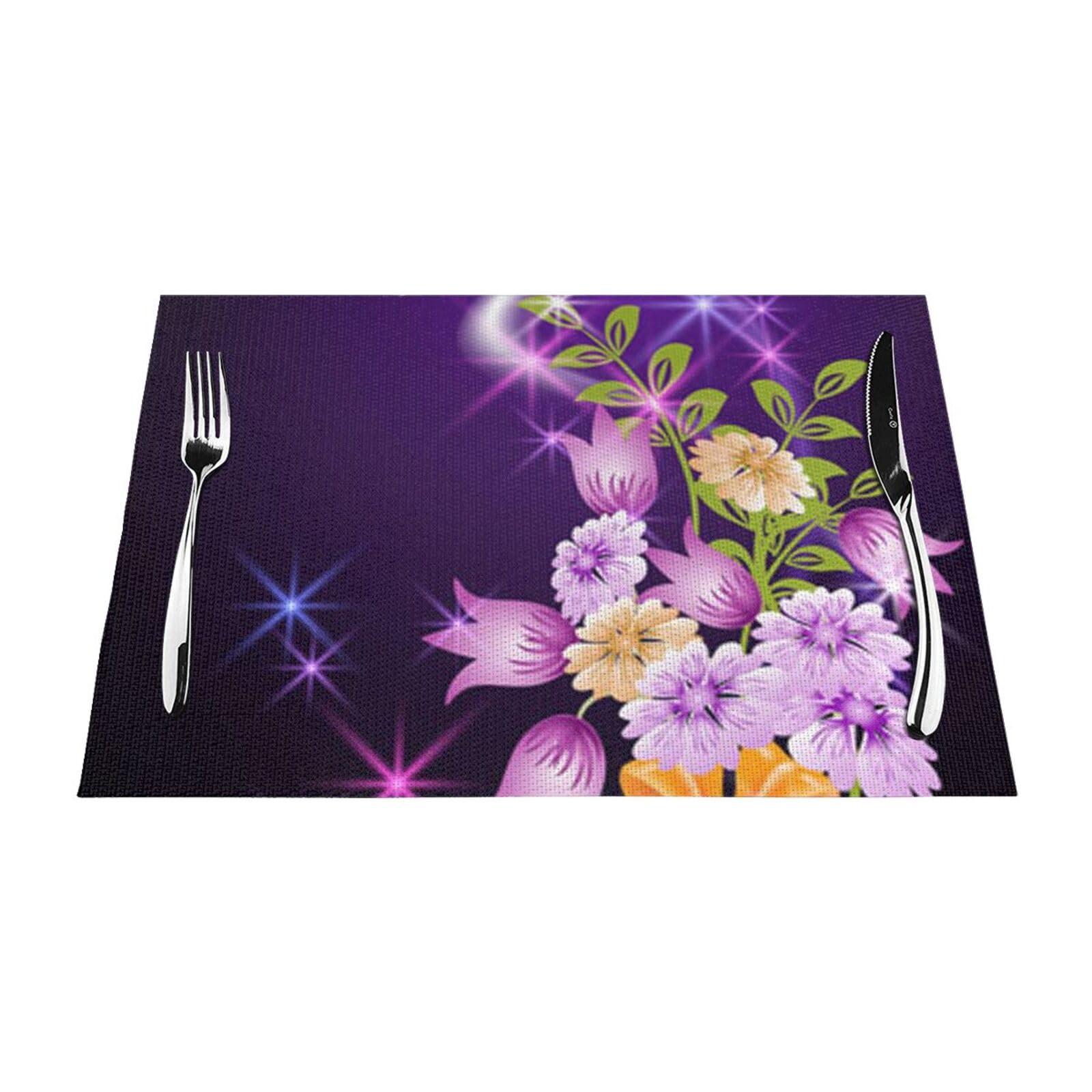 PVC Placemat Set of 6 PCS, 45x30 CM, Light romantic Flowers Printed Non-Slip Heat Resistant Place Mats for Kitchen Dining Table Indoor Outdoor