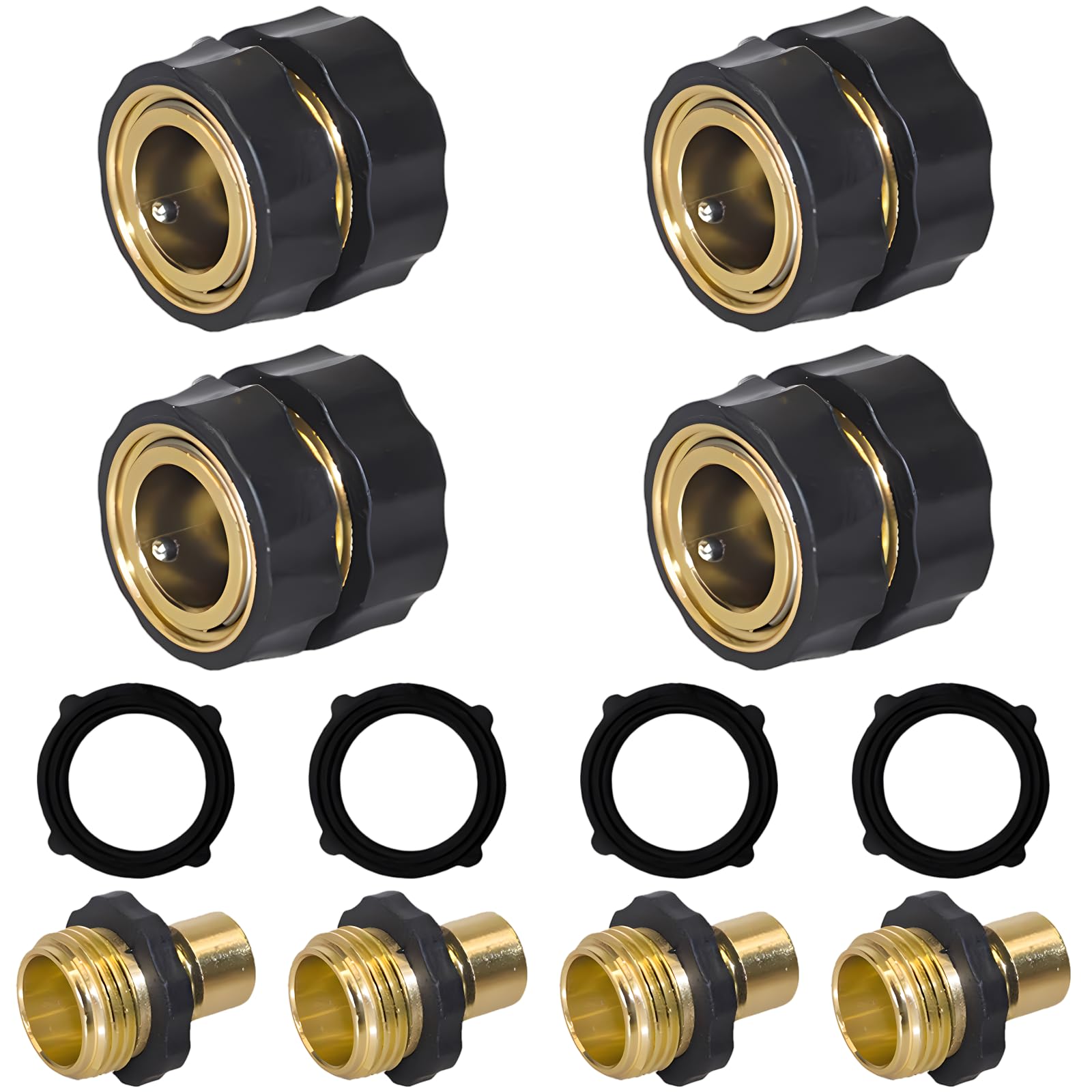 Lot de 4 connecteurs rapides pour tuyau de jardin 3/4 pouce, raccords en aluminium avec poignées en caoutchouc et joints, connexion fiable pour robinets extérieurs, pulvérisateurs et buses