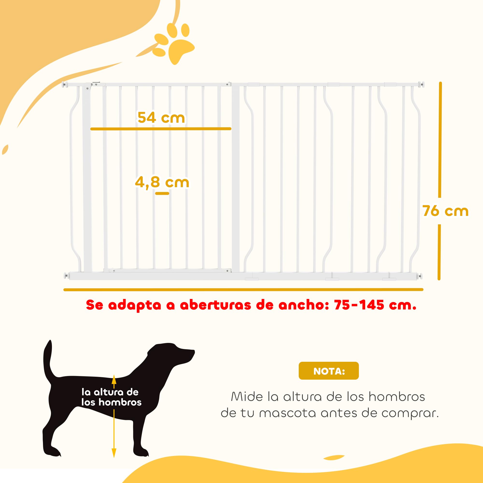 PawHut Barrera de Seguridad para Perros Extensible 75-145 cm para Puertas y Escaleras Puerta de Seguridad Apertura en Dos Sentidos y Solo una Mano Extensiones Montaje a Presión y Doble Bloqueo Blanco