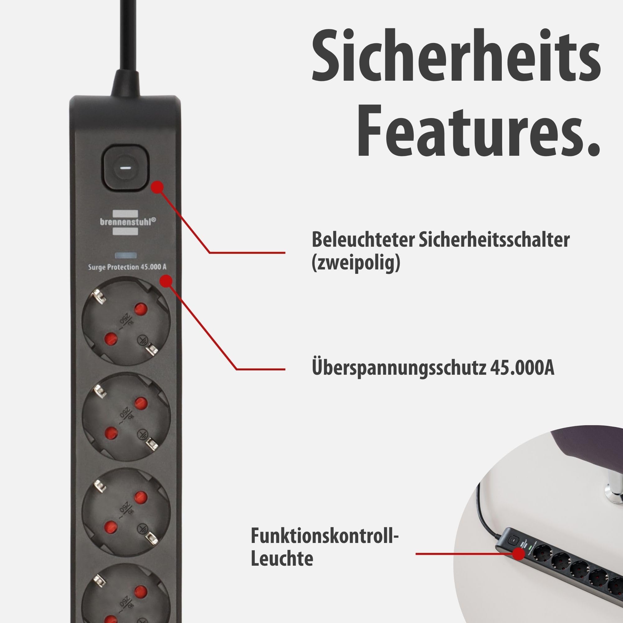 Brennenstuhl Ciabatta elettrica a 6 prese con USB e protezione da sovratensioni (presa multipla con 2 prese USB C PD 36 W per ricarica rapida e 1 USB A 36 W, interruttore, cavo da 2 m) nero