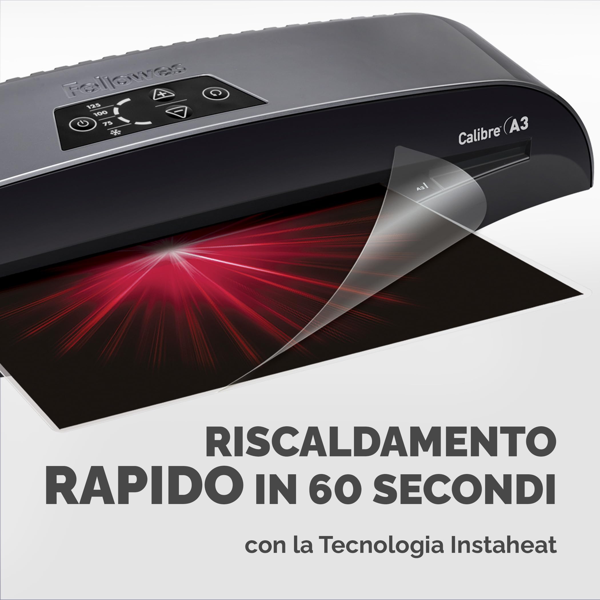 Fellowes Plastificatrice A4 Calibre per piccoli uffici, Pronta in 1 minuto con Spegnimento e modalità Riposo, 80-125 Micron, Kit con 10 fogli A4 per plastificazione incluso, Nero