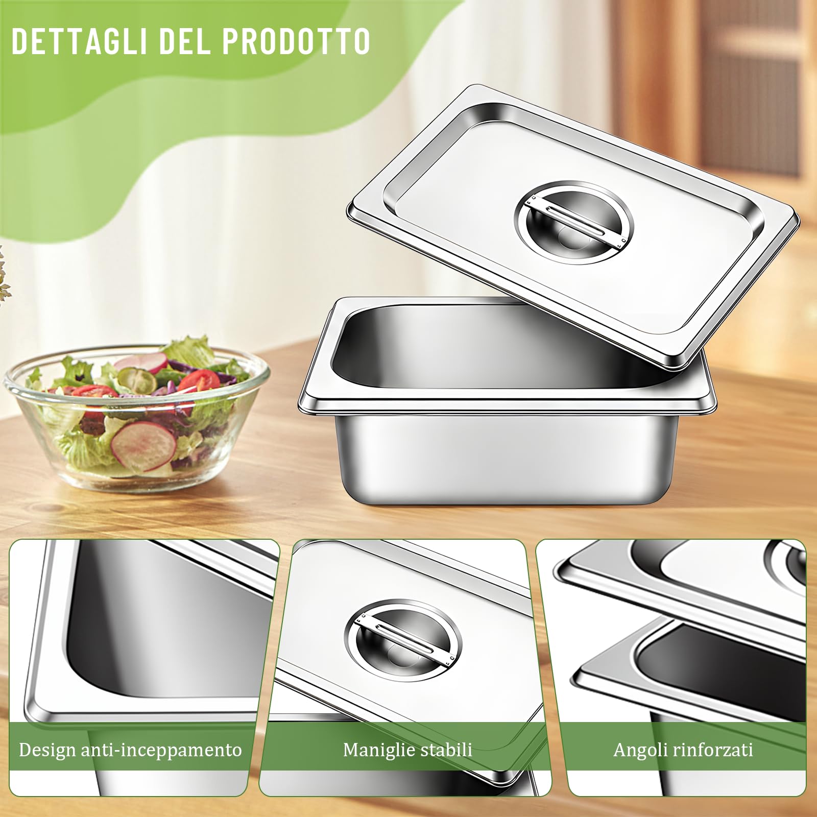 Set di 4 contenitori acciaio inox per alimenti GN 1/2, 26,5 x 32,5 x 10 cm, Contenitore Acciaio Inox per Alimenti con Coperchio, Impilabili, Adatti per Cotolette Carne Pesce Frutta Gelato Salsa