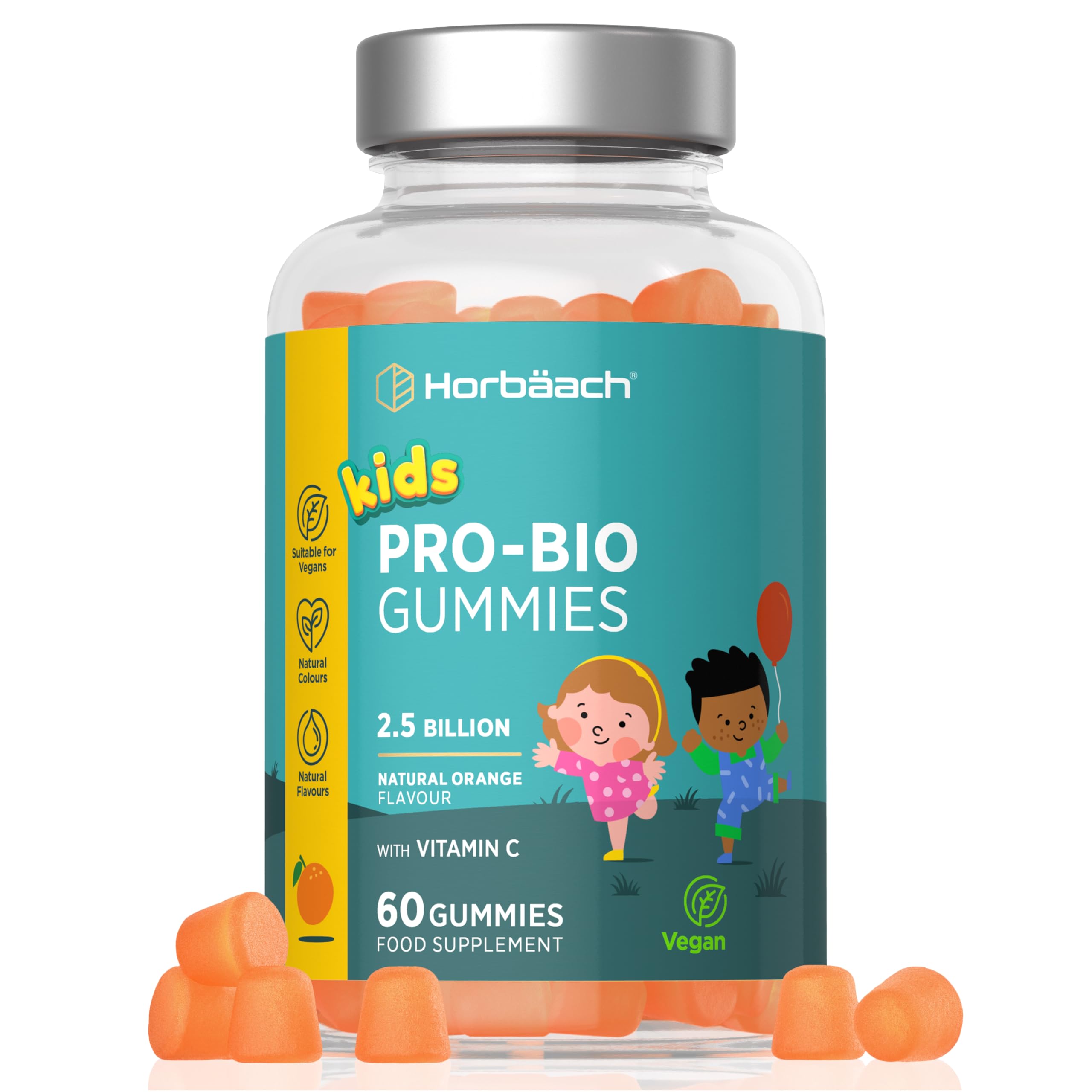 Happy Gut Gummies Kids 2.5 Billion CFU | 60 Count | ProBio Gut Health Supplement | Natural Orange Flavour | Kids Complex with Vitamin C | Vegan | by Horbaach
