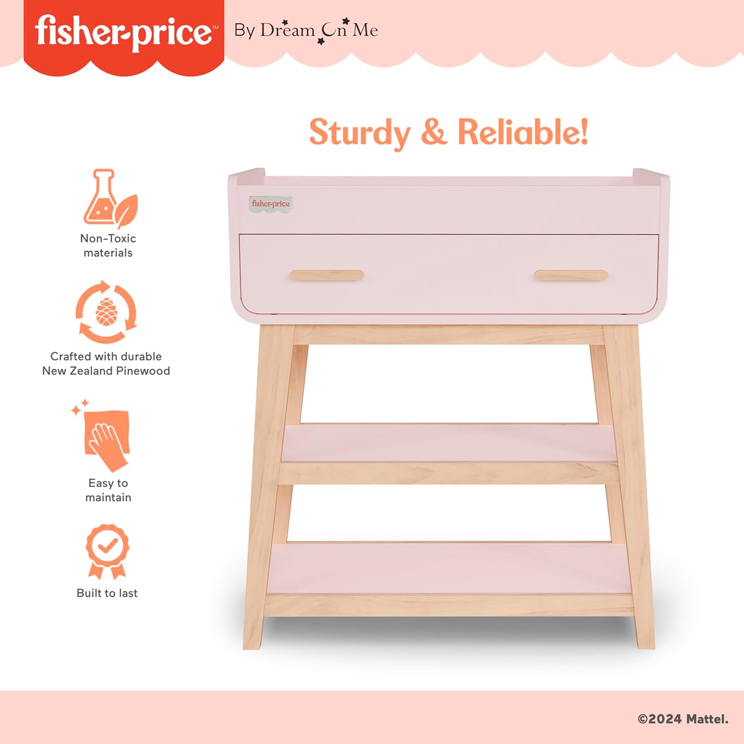 Dream On Me Fisher Price Baby Changing Table, Blush Pink – Greenguard Gold & JPMA Certified, Wooden Nursery Dresser with Storage Shelves – Compact, Sturdy & Easy-to-Clean Design