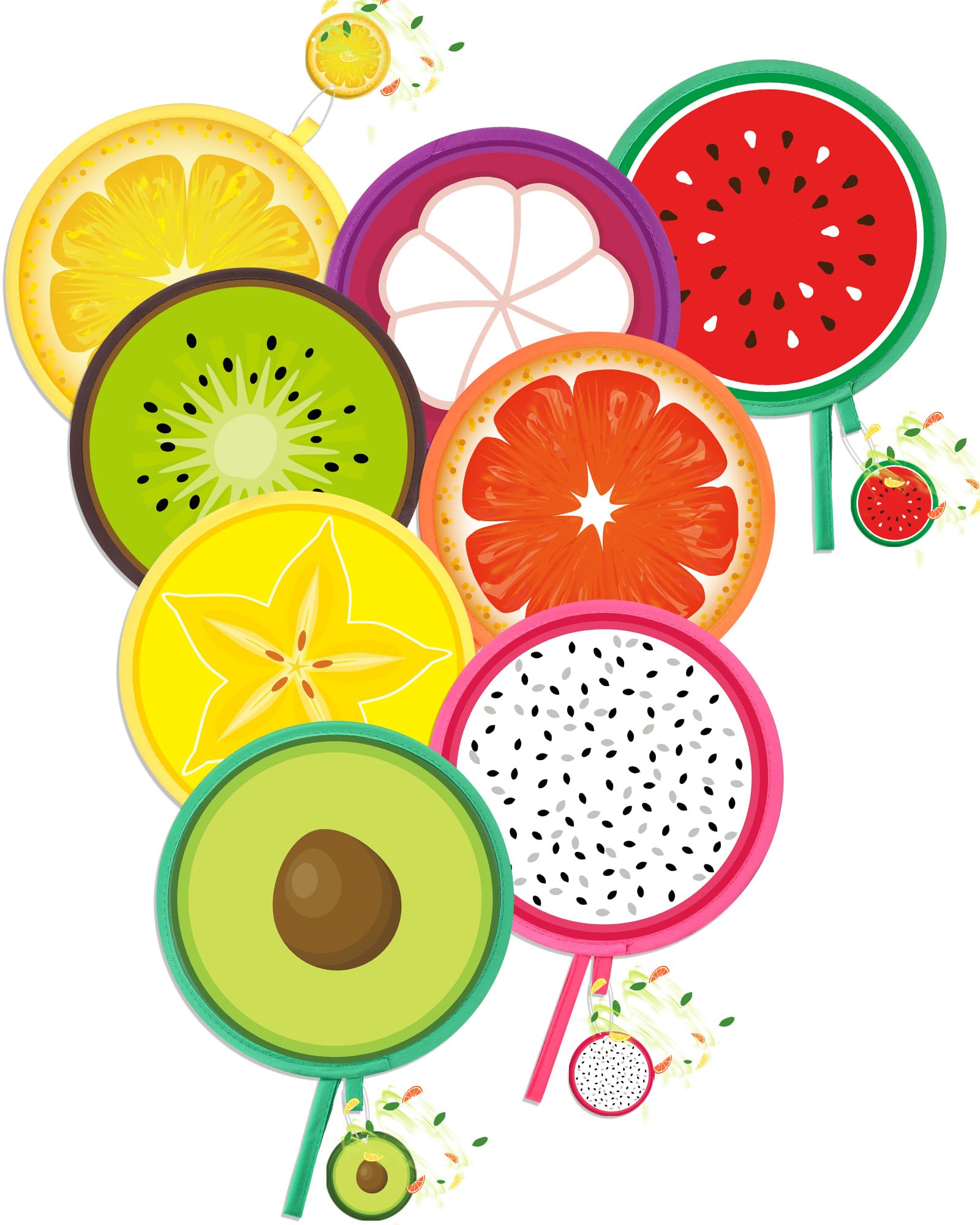 Vertintong 8 Pcs Round Foldable Hand Fan with 8 Pcs Incense Chips Summer Fruit Collapsible Cooling Fan Hanging with Fruit Air Freshener for Travel Summer Events Camping Outdoor Games Party Favors