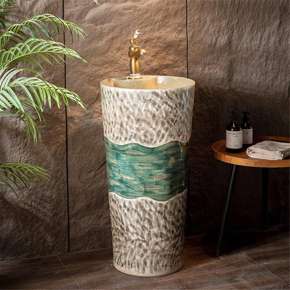 Bathroom Sink Freestanding Bathroom Pedestal Sink Outdoor Ceramic One Piece Wash Basin With Faucet And Drain Kit Bathroom Pedestal Sink