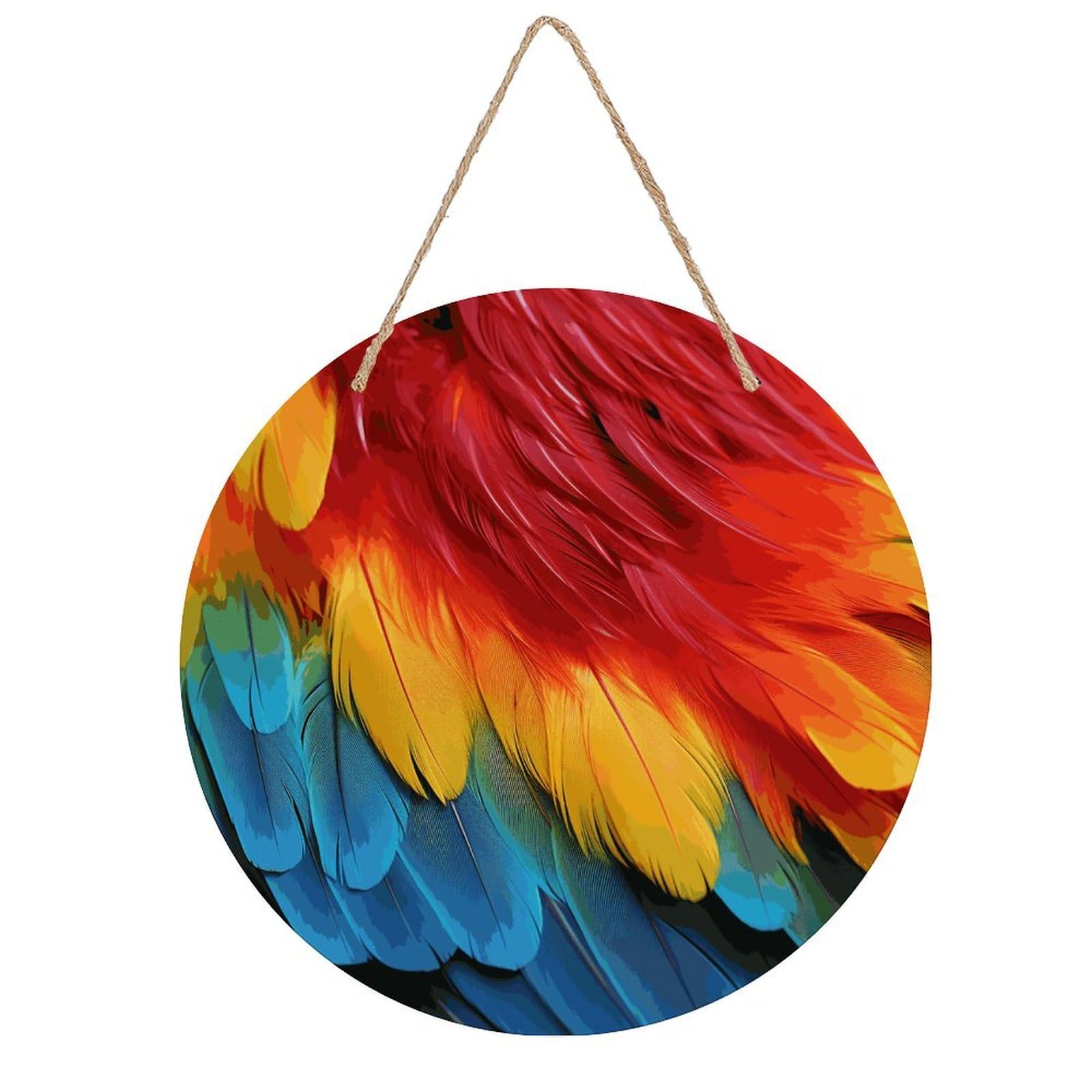 FekiLoot Fantastic Parrot Feather Wall Art Decor Round Wood Hanging Sign Decoration Wooden Circle Door Sign Round Hanging Decorative Wood Plaque Door Hanger for Home Outdoor Indoor Decoration