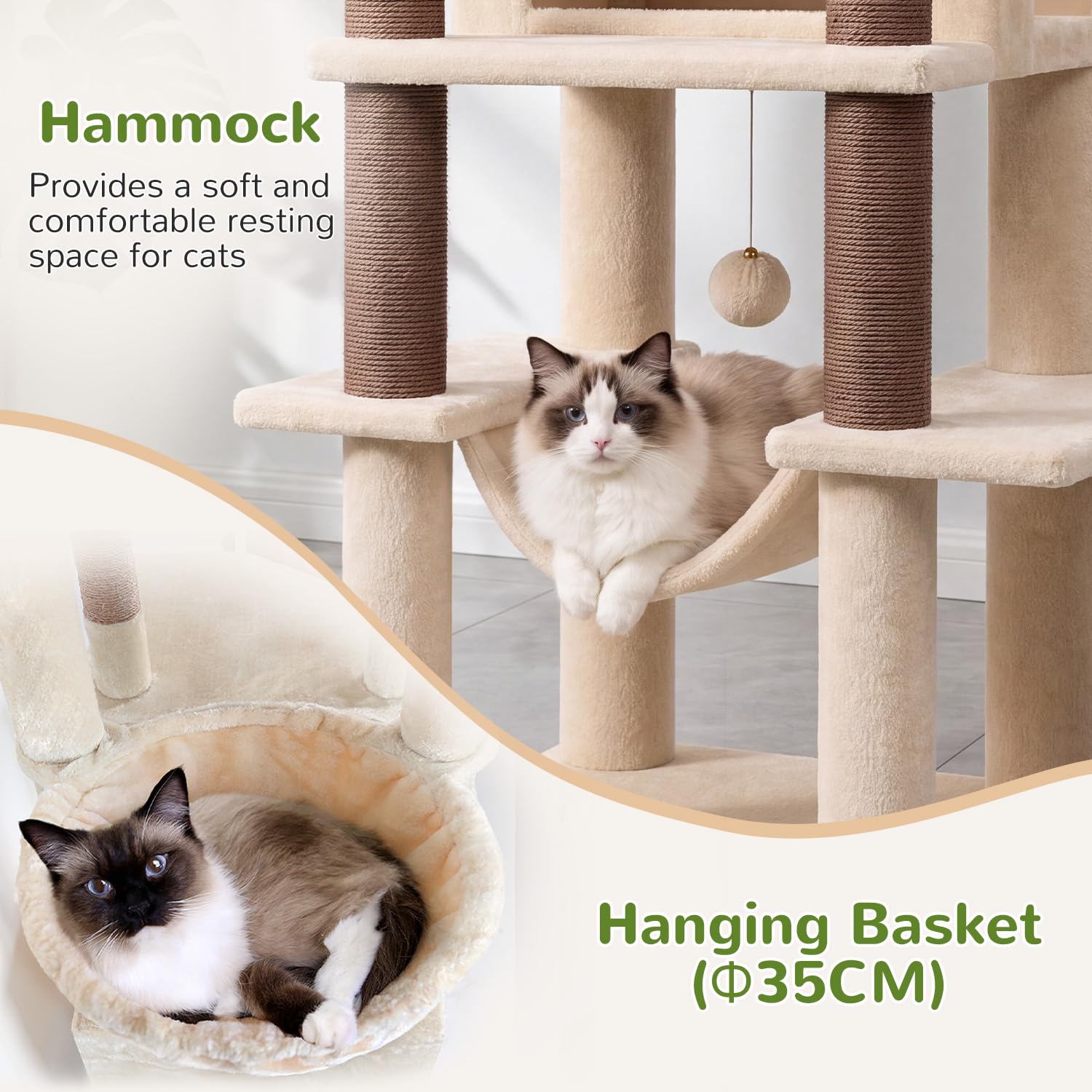 Globlazer Árbol Rascador Beige Estable con Inmenso Acolchada Plataforma 48*48CM, Grande Nido, Hamaca, Pendiente de Sisal, Cesta, Árbol Rascador 143 cm para Múltiple Gatos Adulto Interior (S56, Beige)