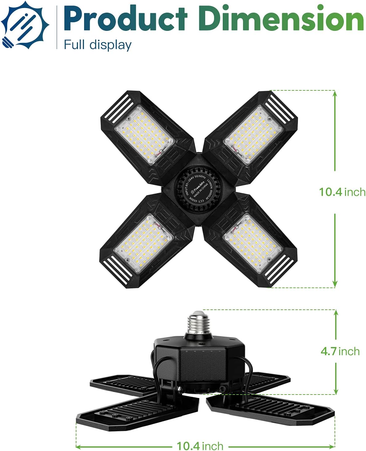 FREELICHT 2 Pack LED Garage Lights, 80W Ultra Bright Garage Ceiling Lights with 4 Adjustable Panels, 8000LM E26/E27 Base Garage Ceiling Lights, 6500K Screw in LED Shop Lights for Attic, Basement